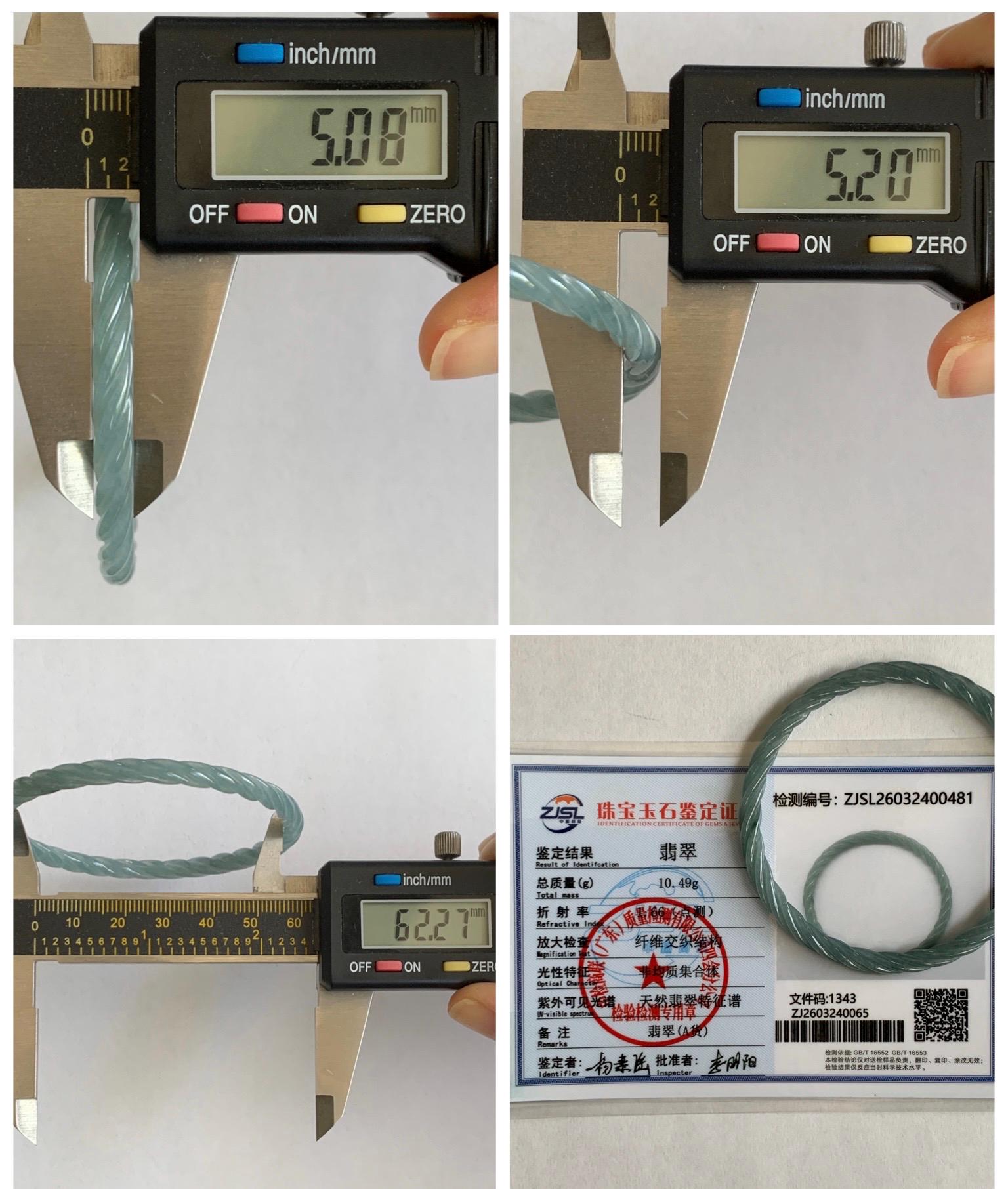 Certified Natural Grade A Guatemalan Icy Translucent Pastel Dusty Blue Jade Jadeite Carved Braid Slim Bangle 62.6mm 7.75” 天然冰危浅灰蓝翡翠细麻花手镯 481