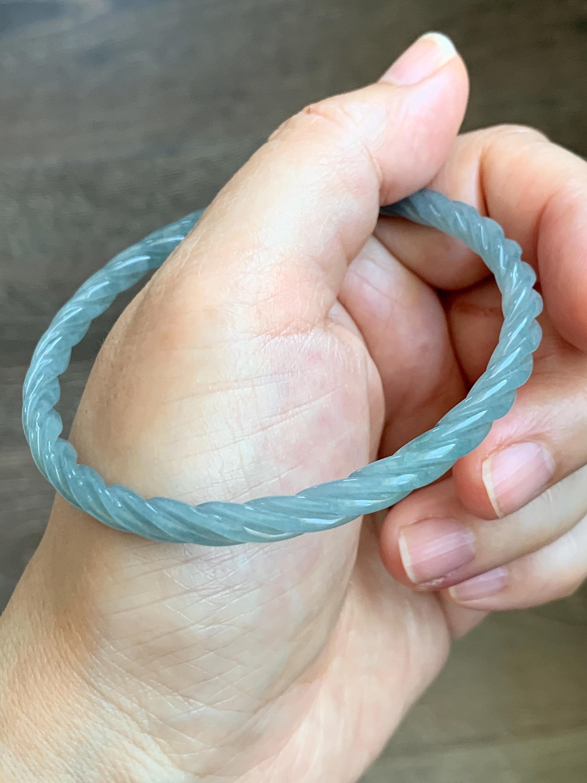 Certified Natural Grade A Guatemalan Icy Translucent Pastel Dusty Blue Jade Jadeite Carved Braid Slim Bangle 62.6mm 7.75” 天然冰危浅灰蓝翡翠细麻花手镯 481