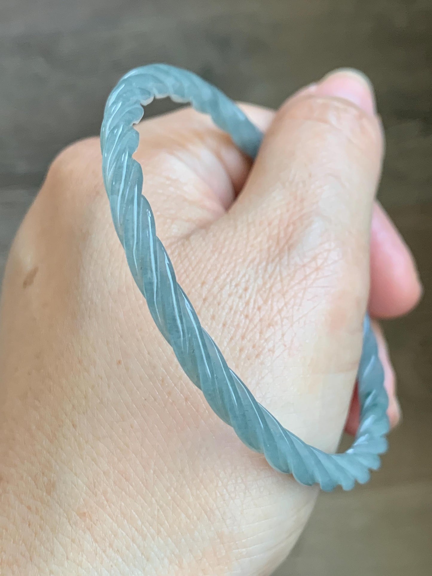 Certified Natural Grade A Guatemalan Icy Translucent Pastel Dusty Blue Jade Jadeite Carved Braid Slim Bangle 62.6mm 7.75” 天然冰危浅灰蓝翡翠细麻花手镯 481