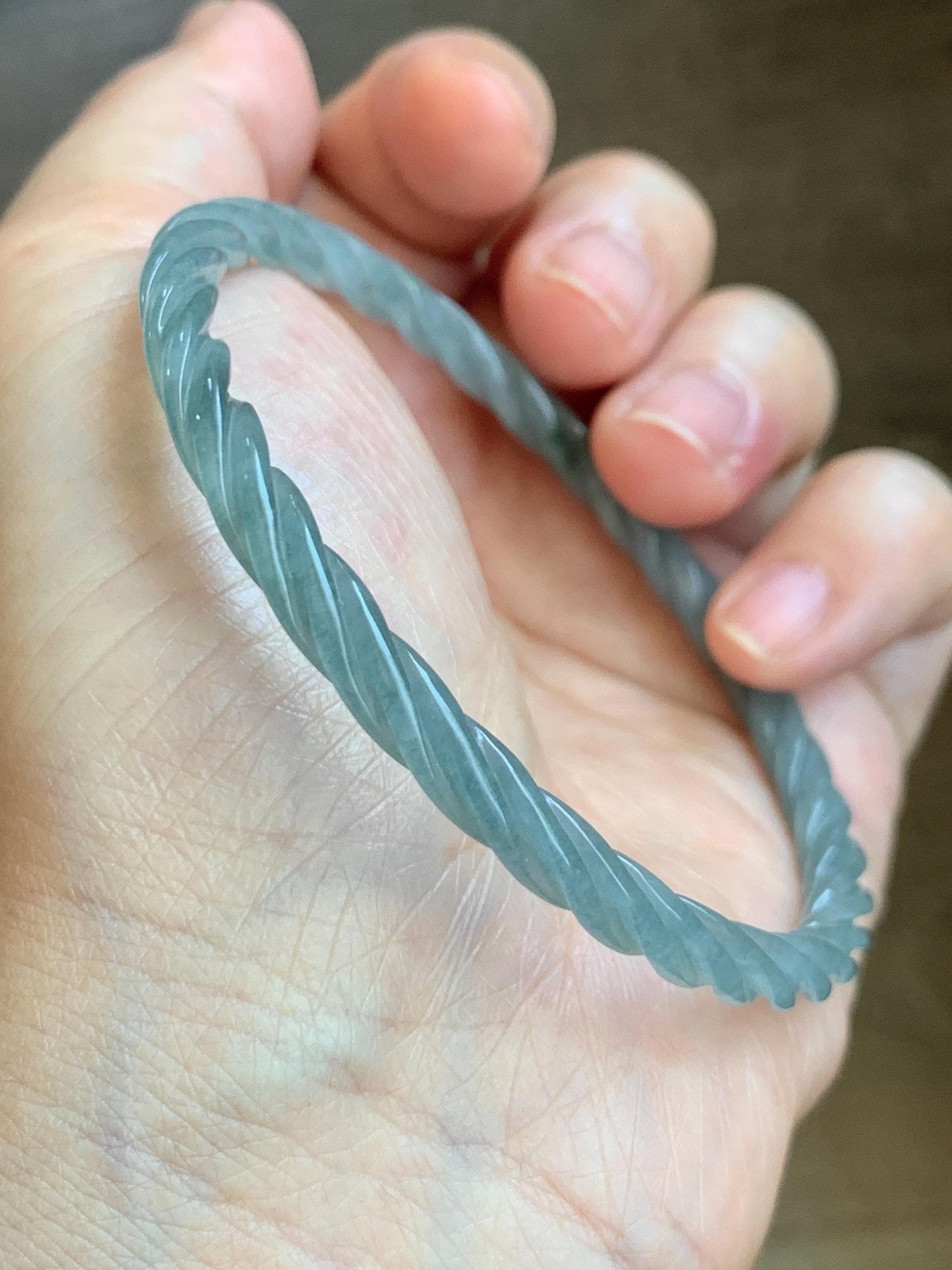 Certified Natural Grade A Guatemalan Icy Translucent Pastel Dusty Blue Jade Jadeite Carved Braid Slim Bangle 62.6mm 7.75” 天然冰危浅灰蓝翡翠细麻花手镯 481