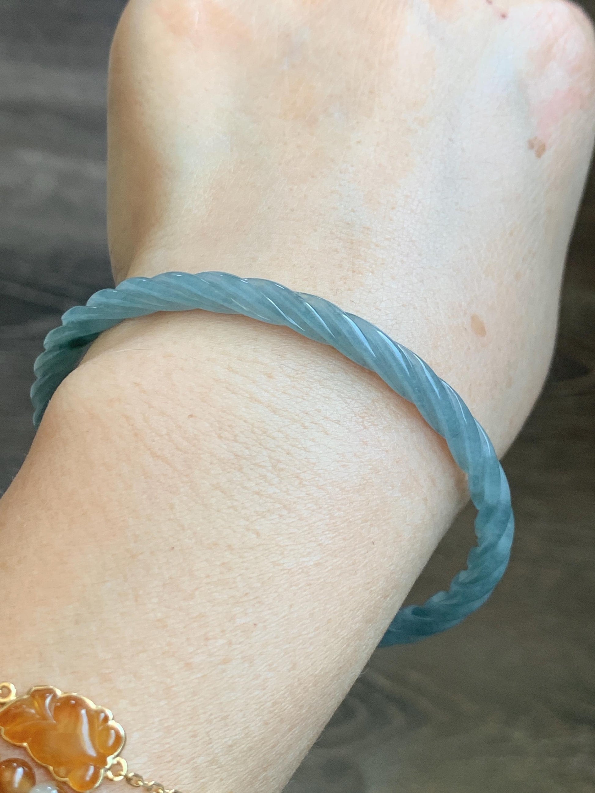 Certified Natural Grade A Guatemalan Icy Translucent Pastel Dusty Blue Jade Jadeite Carved Braid Slim Bangle 62.6mm 7.75” 天然冰危浅灰蓝翡翠细麻花手镯 481