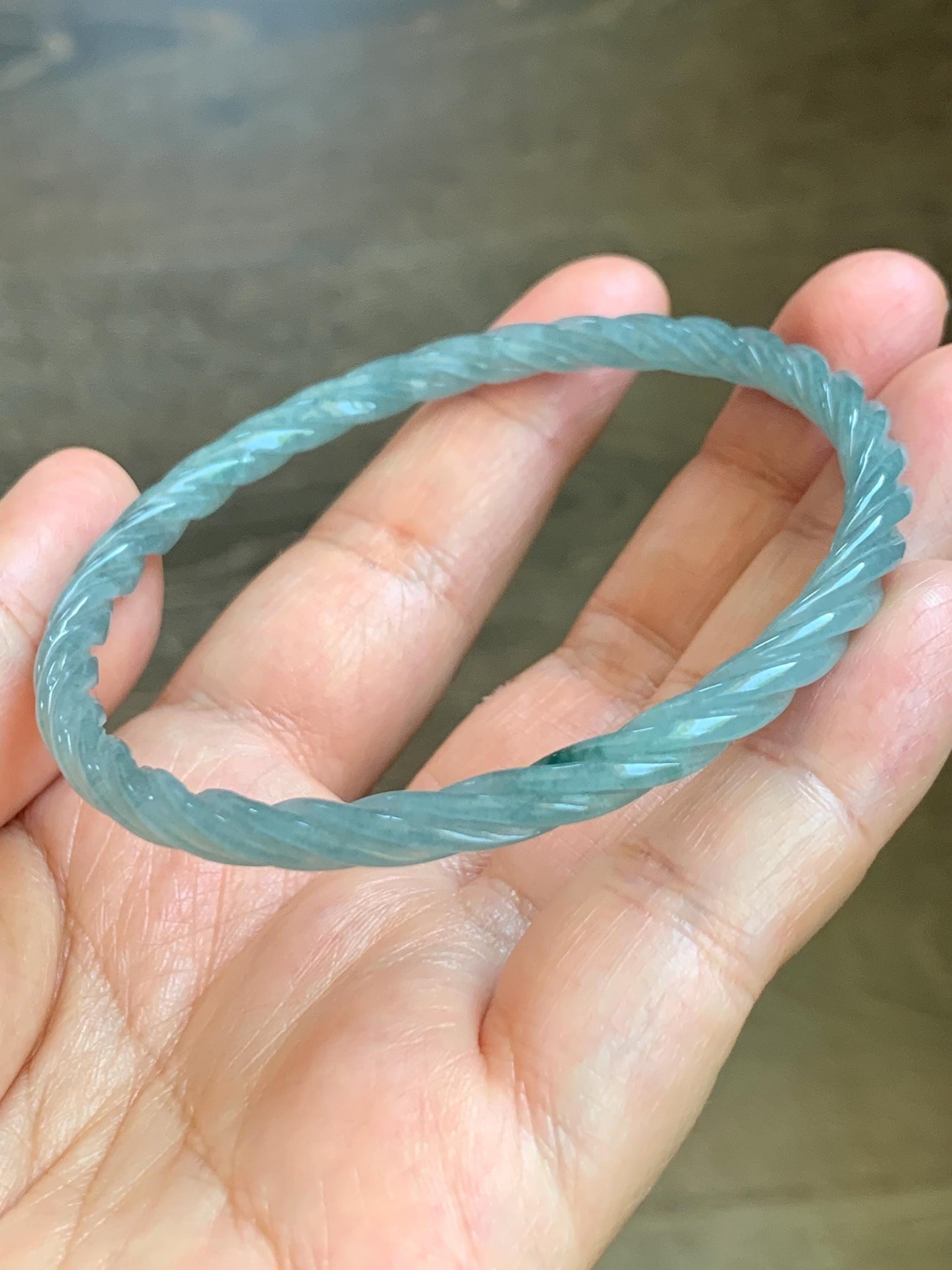 Certified Natural Grade A Guatemalan Icy Translucent Pastel Dusty Blue Jade Jadeite Carved Braid Slim Bangle 62.6mm 7.75” 天然冰危浅灰蓝翡翠细麻花手镯 481