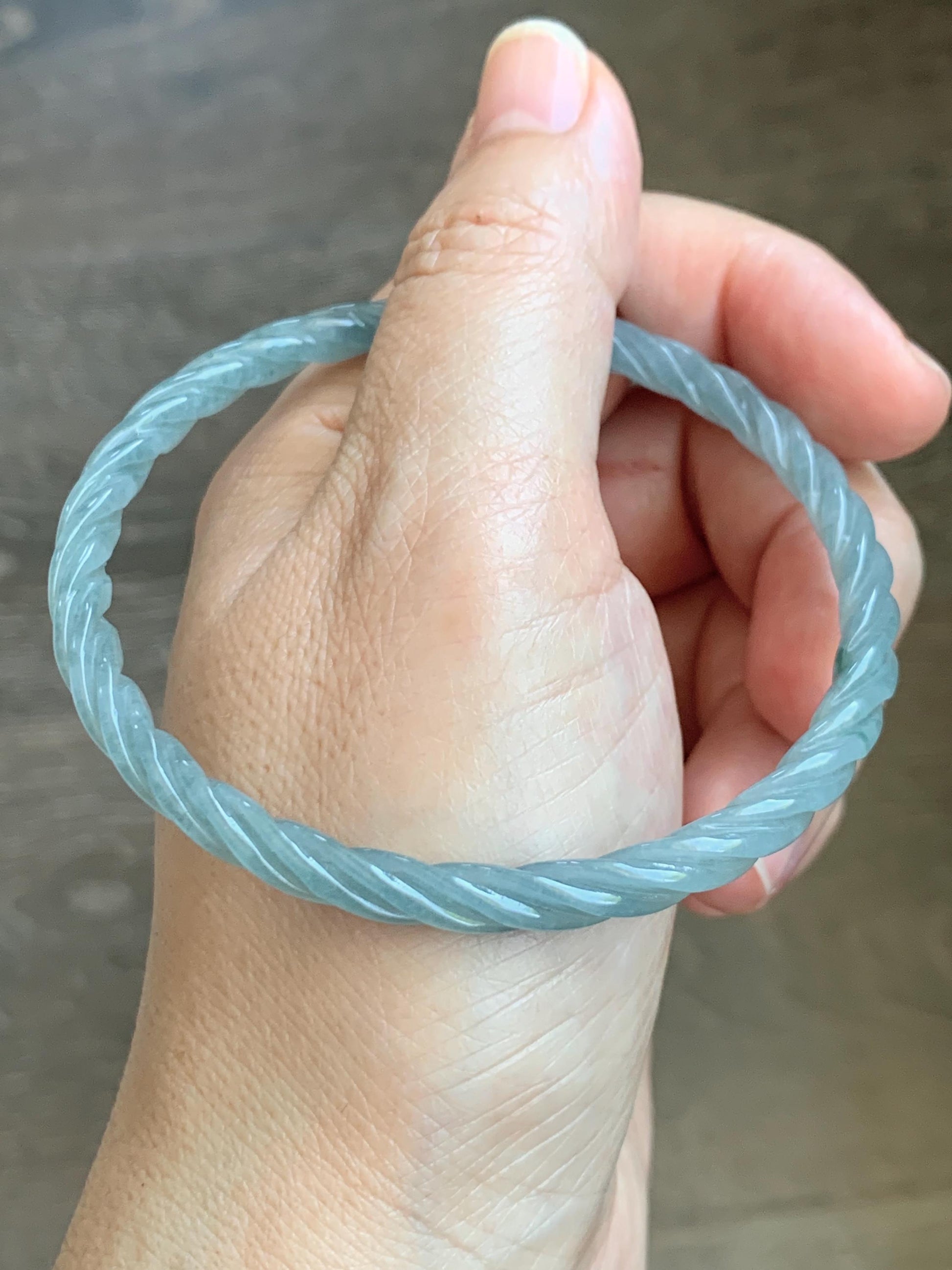 Certified Natural Grade A Guatemalan Icy Translucent Pastel Dusty Blue Jade Jadeite Carved Braid Slim Bangle 62.6mm 7.75” 天然冰危浅灰蓝翡翠细麻花手镯 481