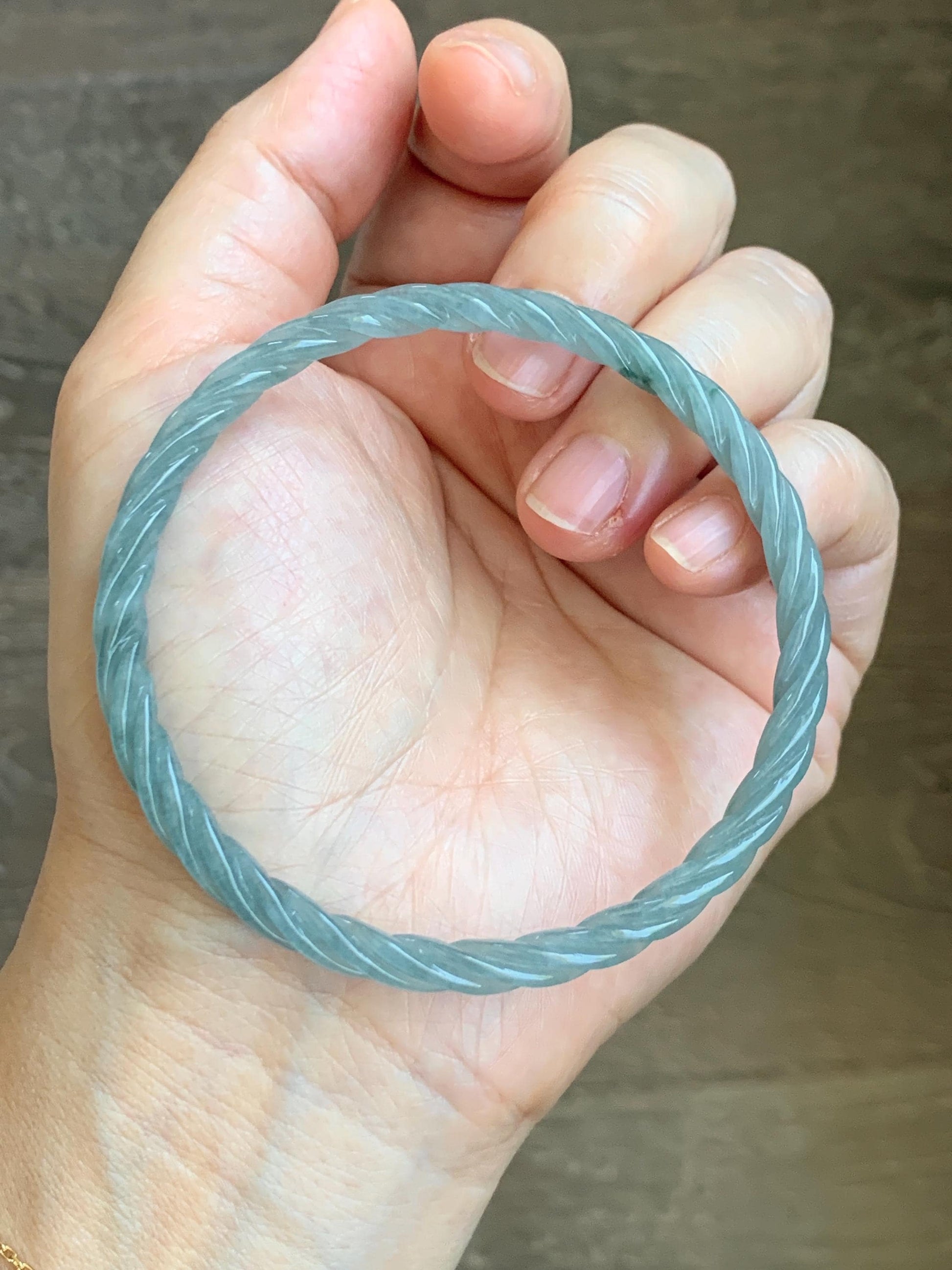 Certified Natural Grade A Guatemalan Icy Translucent Pastel Dusty Blue Jade Jadeite Carved Braid Slim Bangle 62.6mm 7.75” 天然冰危浅灰蓝翡翠细麻花手镯 481