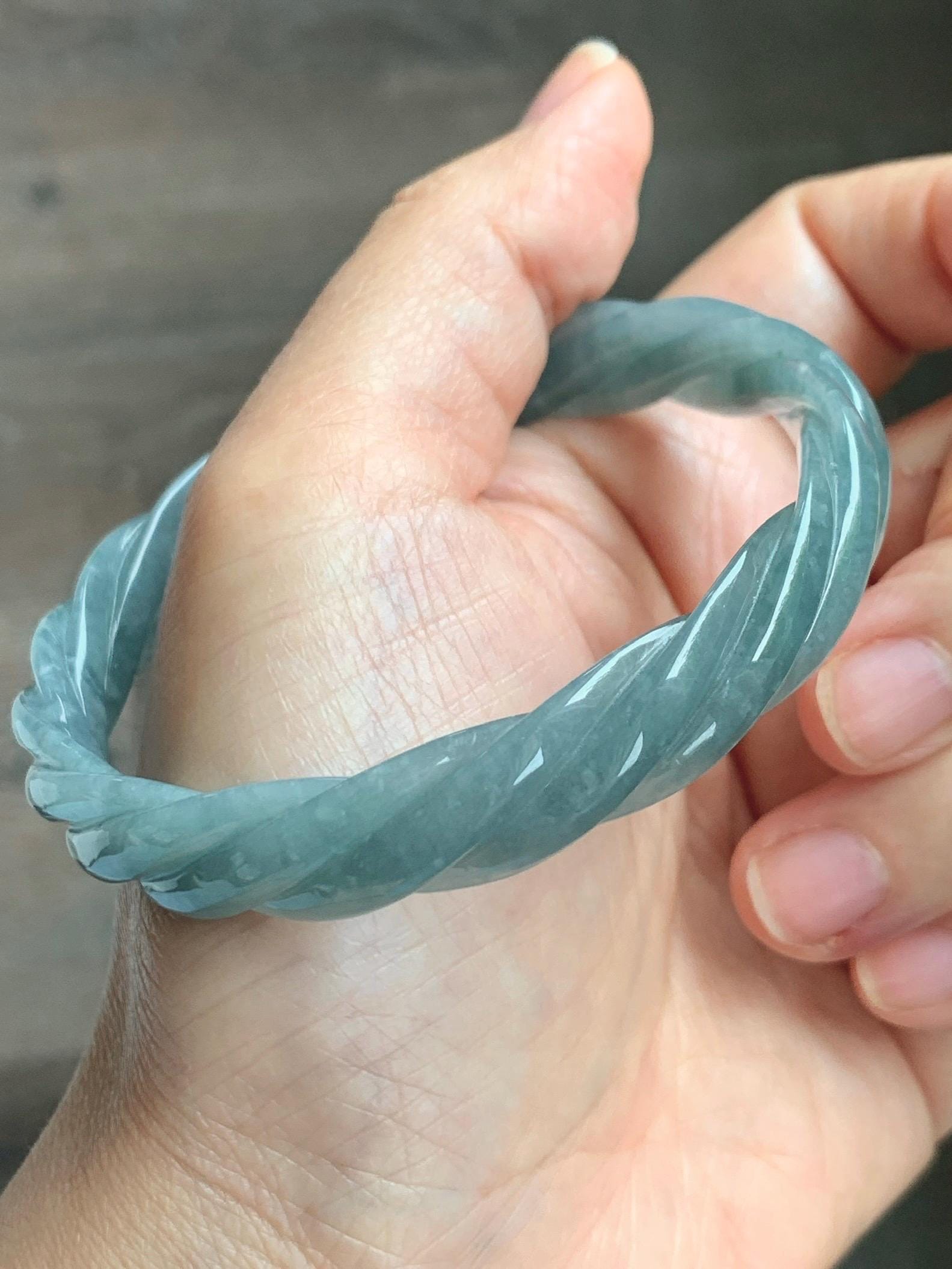 Certified Natural Grade A Guatemalan Icy Translucent Dusty Teal Blue Jade Jadeite Carved Braid Wide Bangle 60.12mm 7.43” 天然冰危暗蓝翡翠麻花宽手镯 490