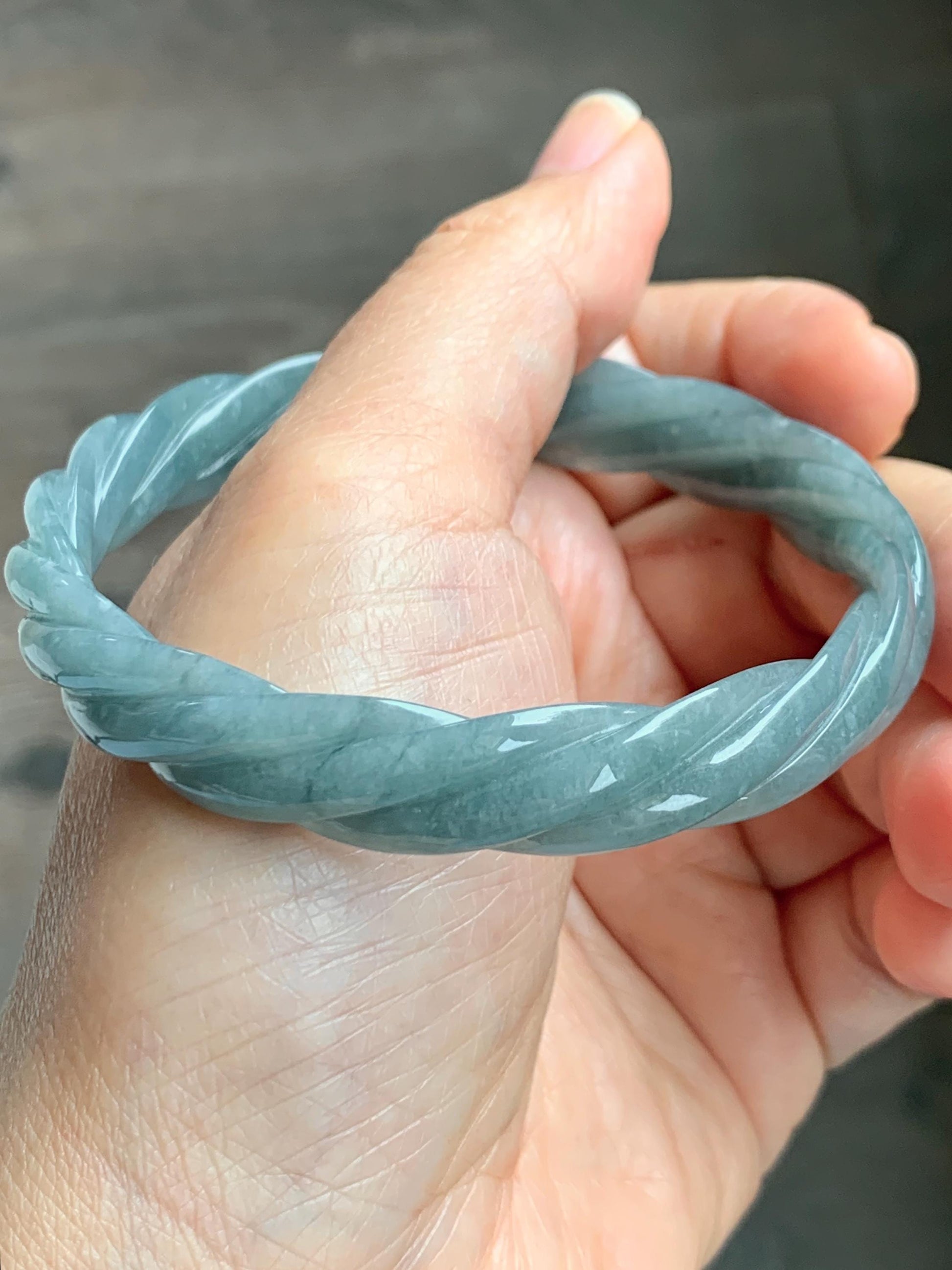 Certified Natural Grade A Guatemalan Icy Translucent Dusty Teal Blue Jade Jadeite Carved Braid Wide Bangle 60.12mm 7.43” 天然冰危暗蓝翡翠麻花宽手镯 490