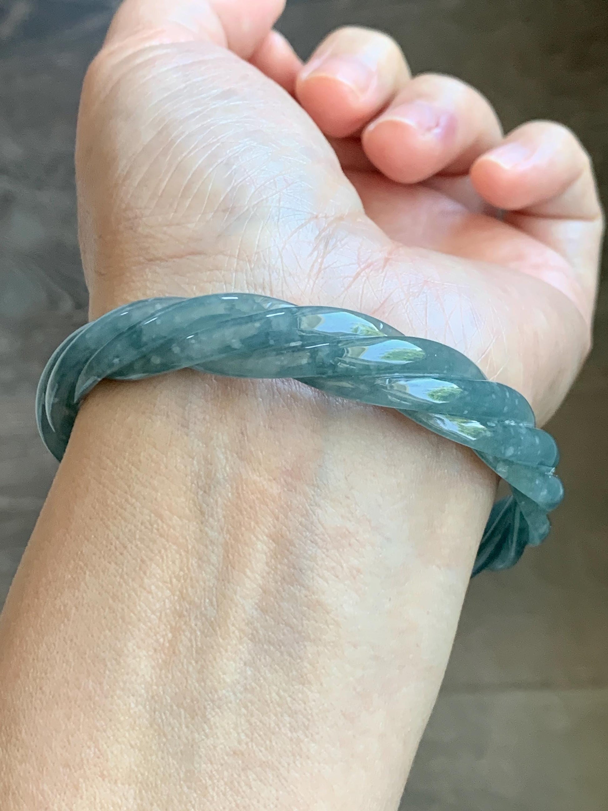 Certified Natural Grade A Guatemalan Icy Translucent Dusty Teal Blue Jade Jadeite Carved Braid Wide Bangle 60.12mm 7.43” 天然冰危暗蓝翡翠麻花宽手镯 490