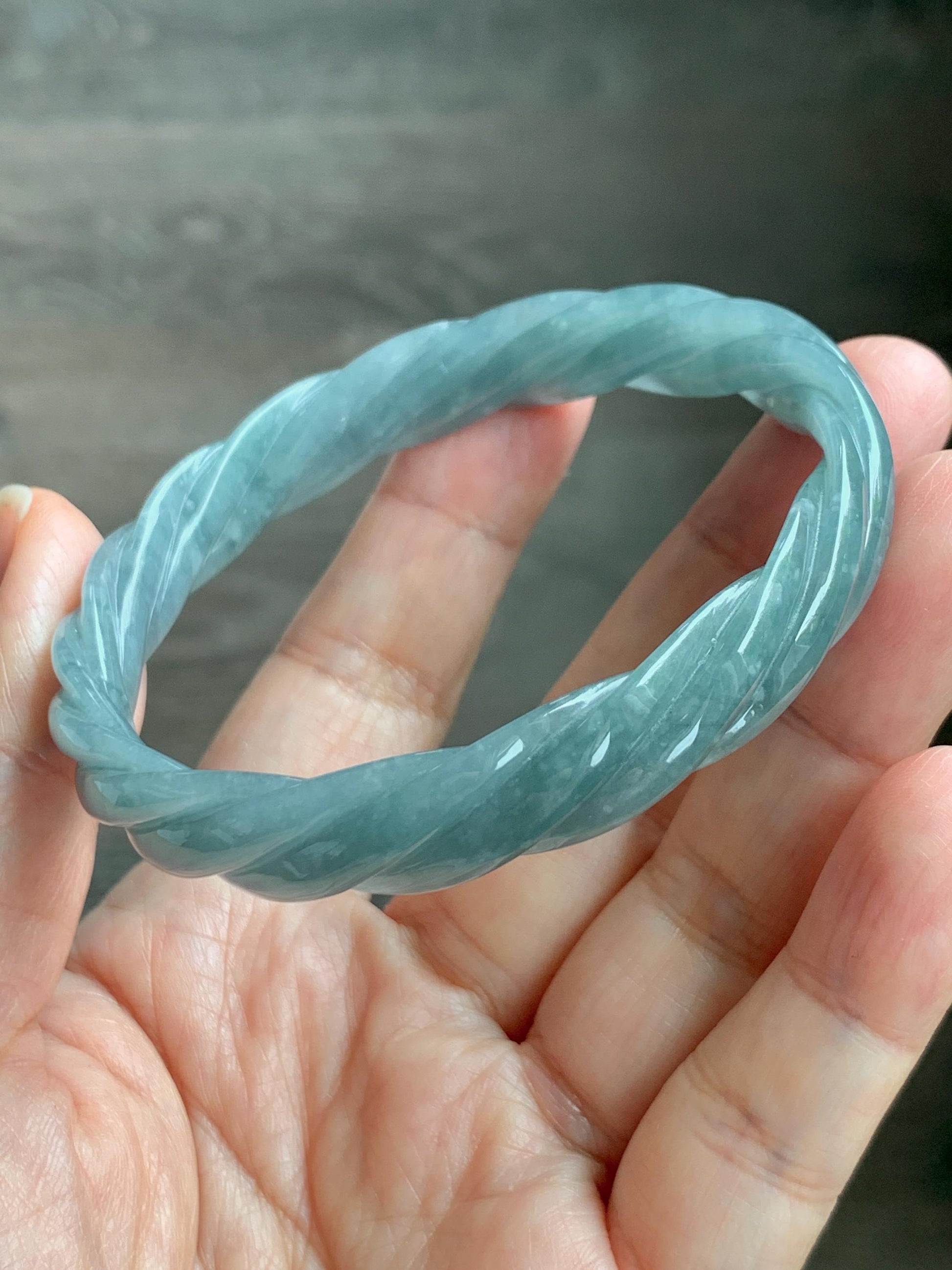 Certified Natural Grade A Guatemalan Icy Translucent Dusty Teal Blue Jade Jadeite Carved Braid Wide Bangle 60.12mm 7.43” 天然冰危暗蓝翡翠麻花宽手镯 490