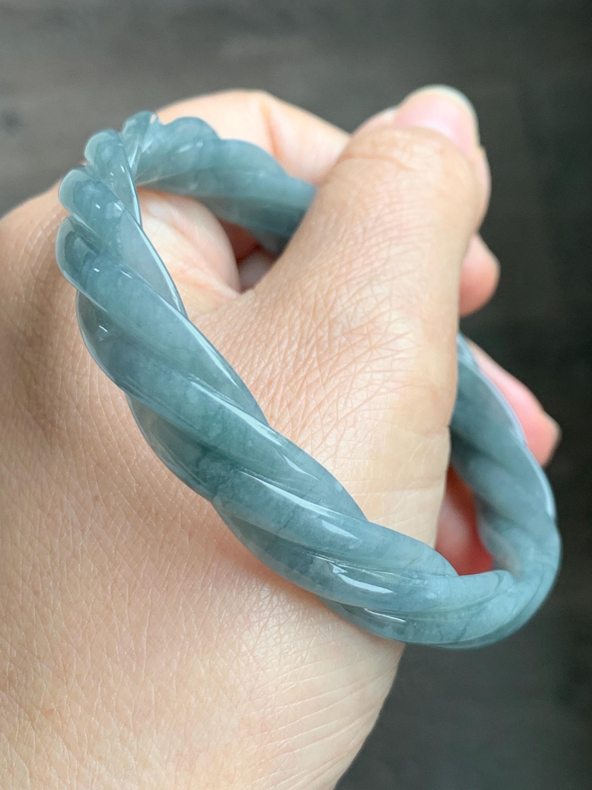 Certified Natural Grade A Guatemalan Icy Translucent Dusty Teal Blue Jade Jadeite Carved Braid Wide Bangle 60.12mm 7.43” 天然冰危暗蓝翡翠麻花宽手镯 490