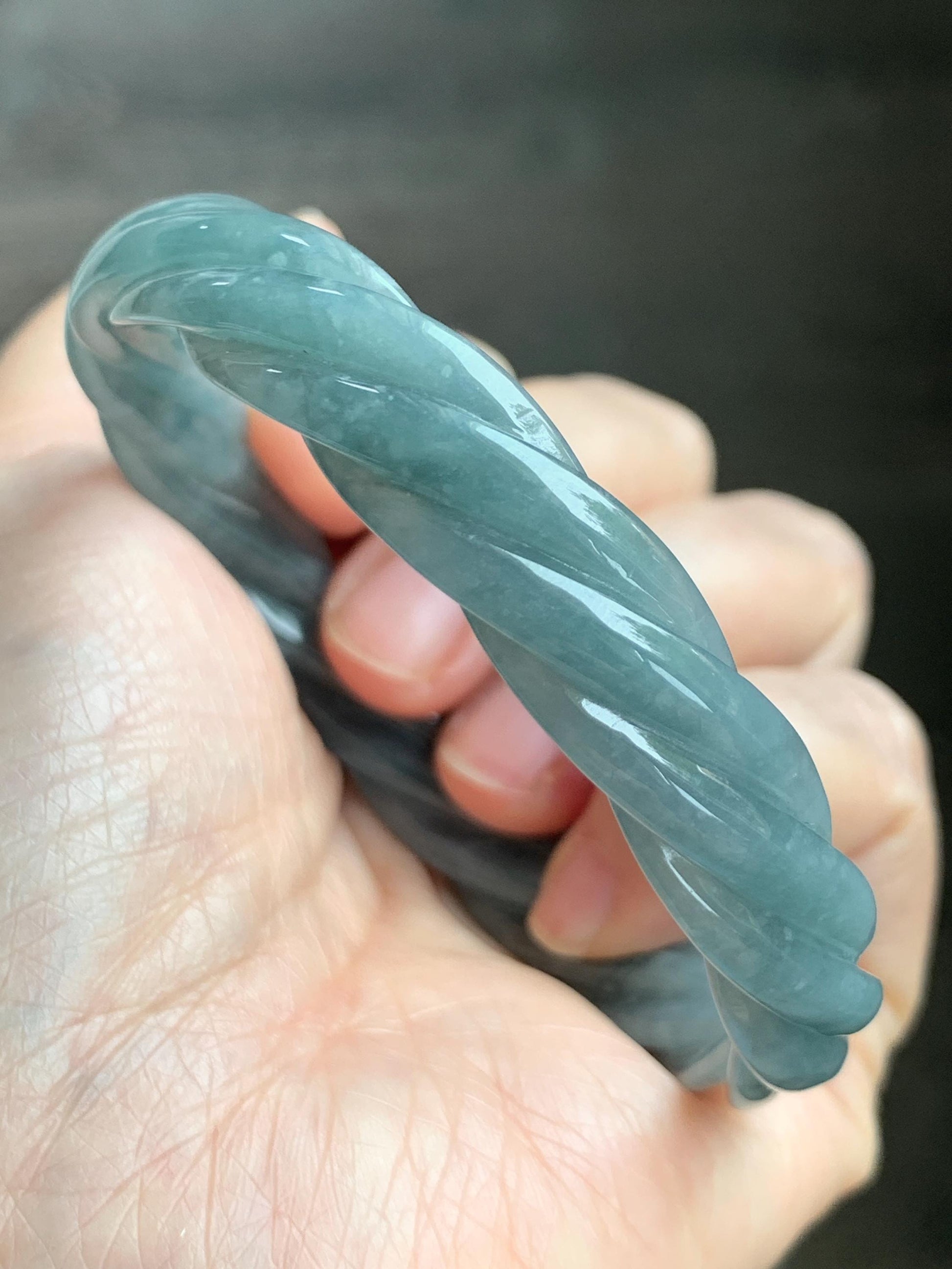 Certified Natural Grade A Guatemalan Icy Translucent Dusty Teal Blue Jade Jadeite Carved Braid Wide Bangle 60.12mm 7.43” 天然冰危暗蓝翡翠麻花宽手镯 490