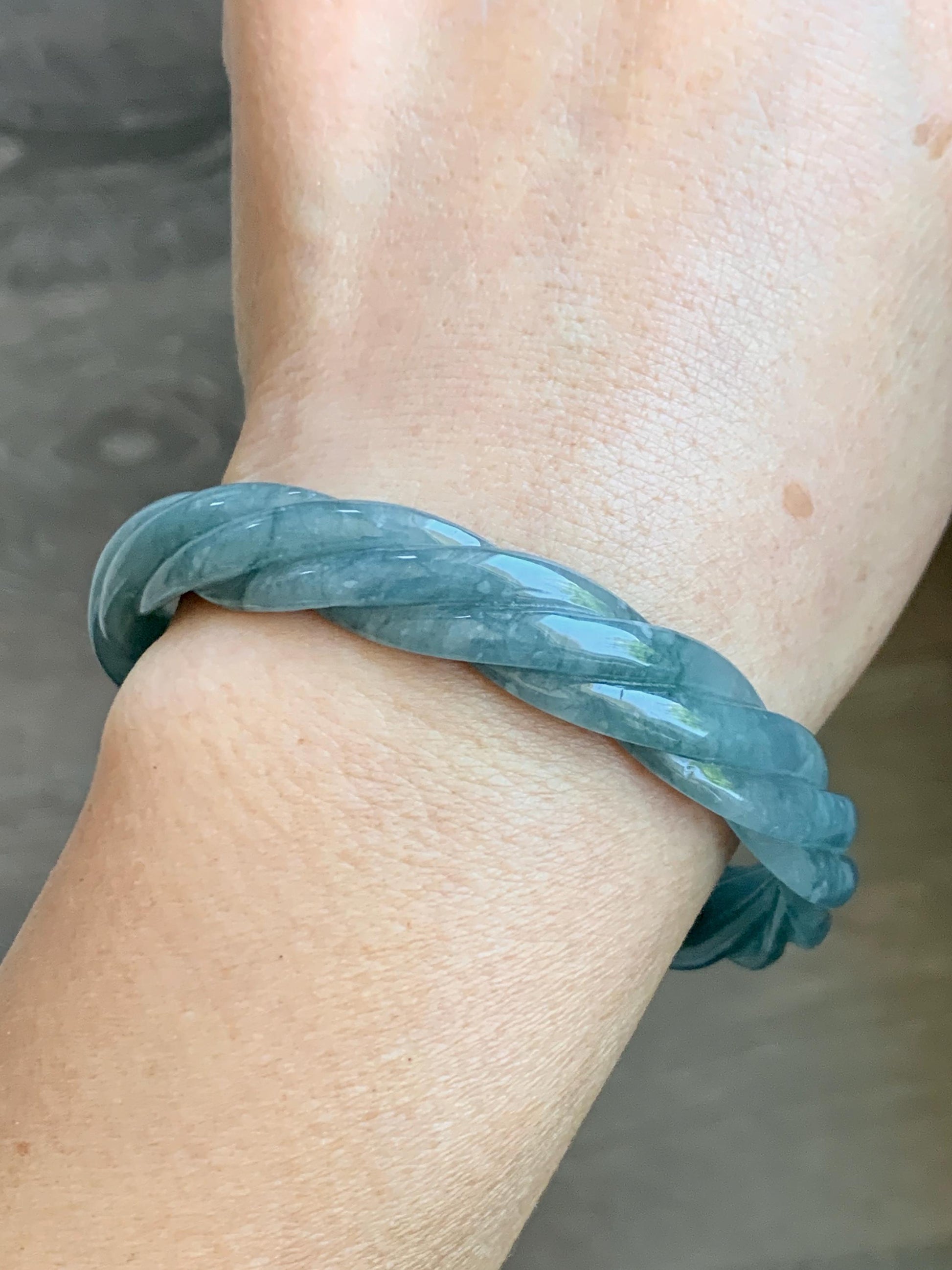 Certified Natural Grade A Guatemalan Icy Translucent Dusty Teal Blue Jade Jadeite Carved Braid Wide Bangle 60.12mm 7.43” 天然冰危暗蓝翡翠麻花宽手镯 490