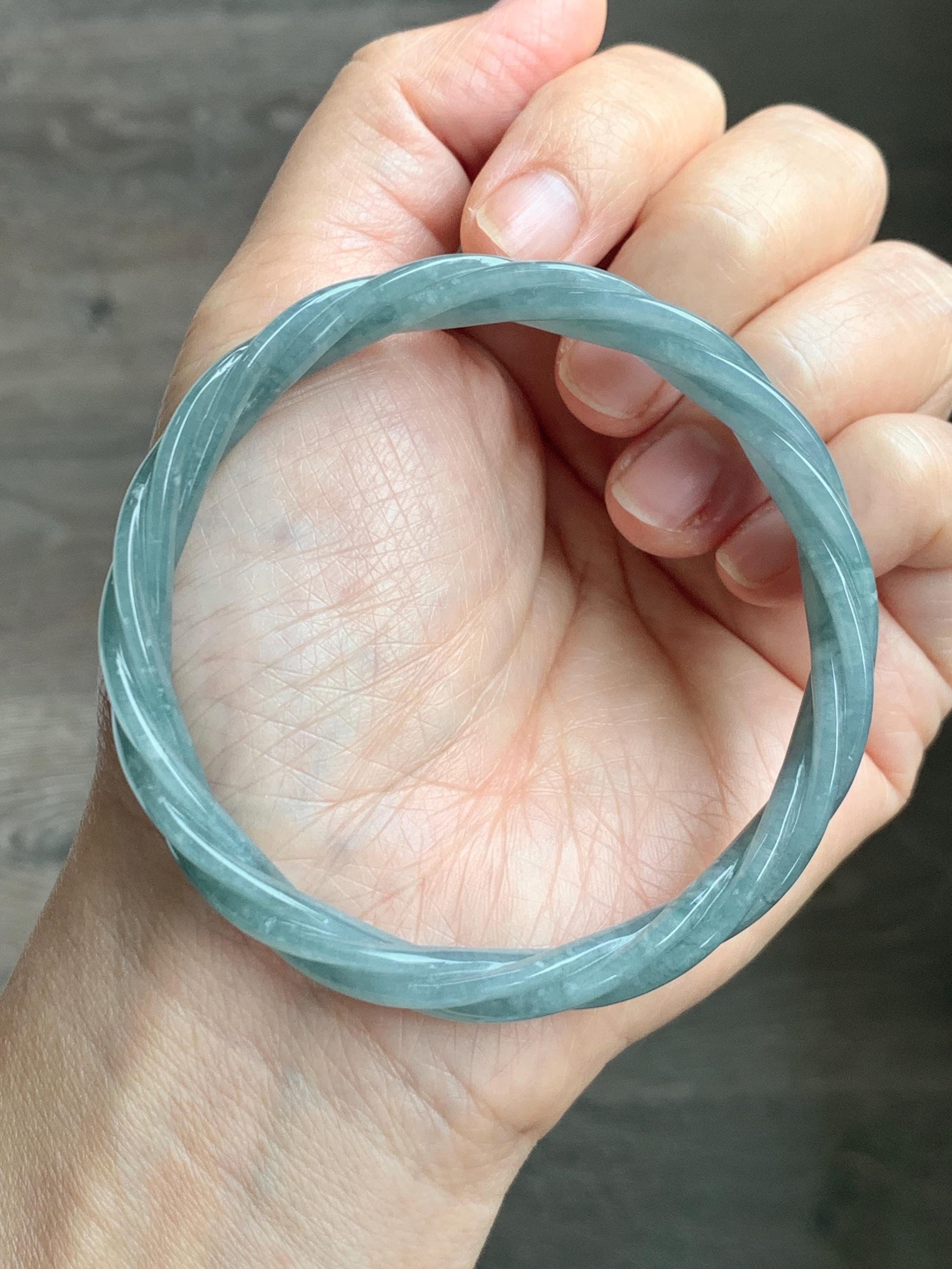 Certified Natural Grade A Guatemalan Icy Translucent Dusty Teal Blue Jade Jadeite Carved Braid Wide Bangle 60.12mm 7.43” 天然冰危暗蓝翡翠麻花宽手镯 490