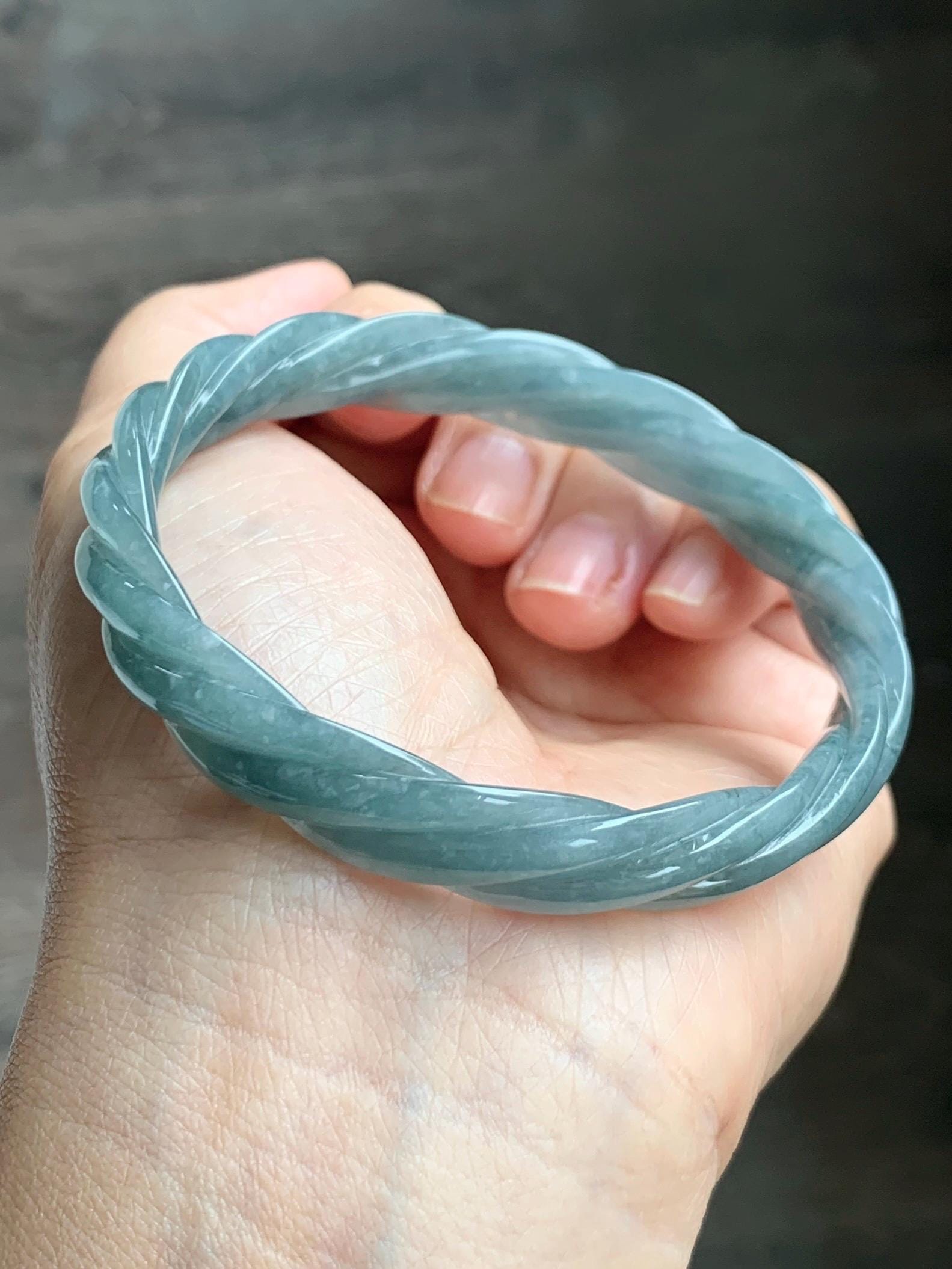 Certified Natural Grade A Guatemalan Icy Translucent Dusty Teal Blue Jade Jadeite Carved Braid Wide Bangle 60.12mm 7.43” 天然冰危暗蓝翡翠麻花宽手镯 490