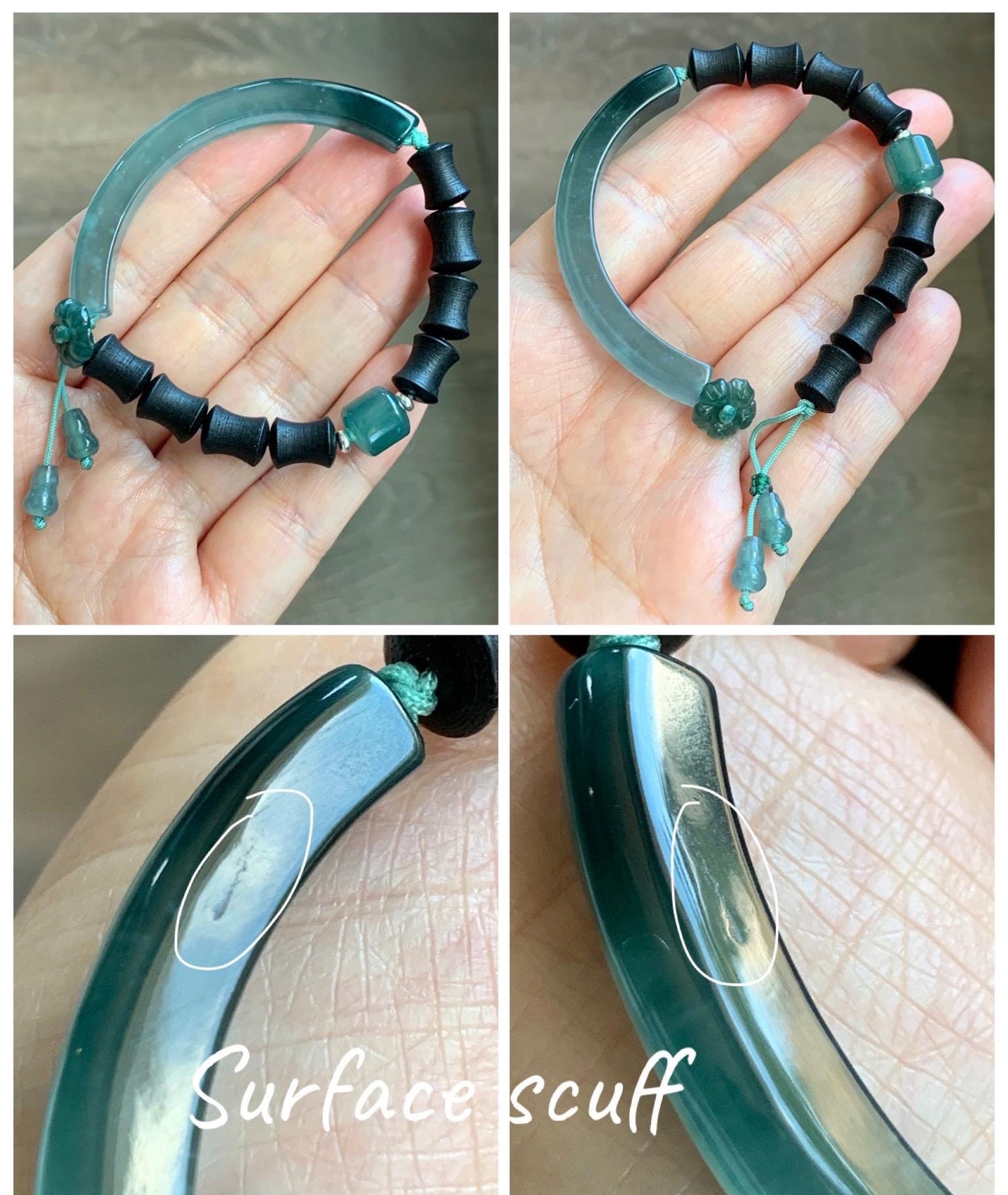Natural Guatemalan Grade A Icy Translucent Teal Green Jade Jadeite Cuff Bamboo Wood Beads Beaded Bracelet 6.75” 14g 天然冰胶危蓝绿翡翠手牌木珠手链 WZM174