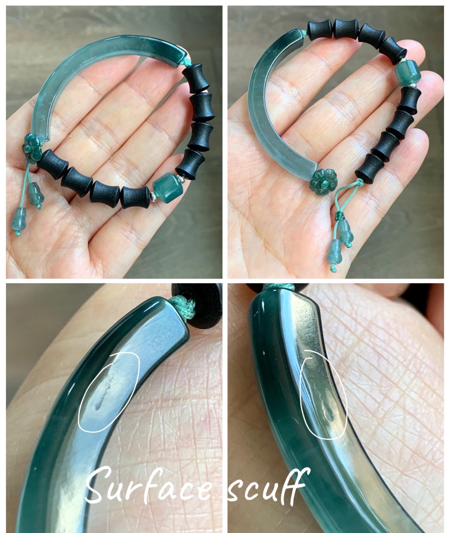 Natural Guatemalan Grade A Icy Translucent Teal Green Jade Jadeite Cuff Bamboo Wood Beads Beaded Bracelet 6.75” 14g 天然冰胶危蓝绿翡翠手牌木珠手链 WZM174
