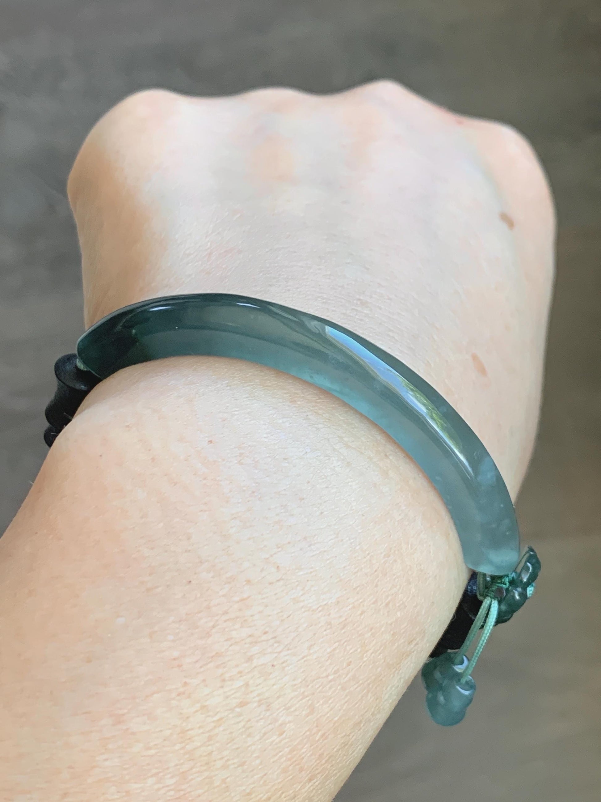 Natural Guatemalan Grade A Icy Translucent Teal Green Jade Jadeite Cuff Bamboo Wood Beads Beaded Bracelet 6.75” 14g 天然冰胶危蓝绿翡翠手牌木珠手链 WZM174