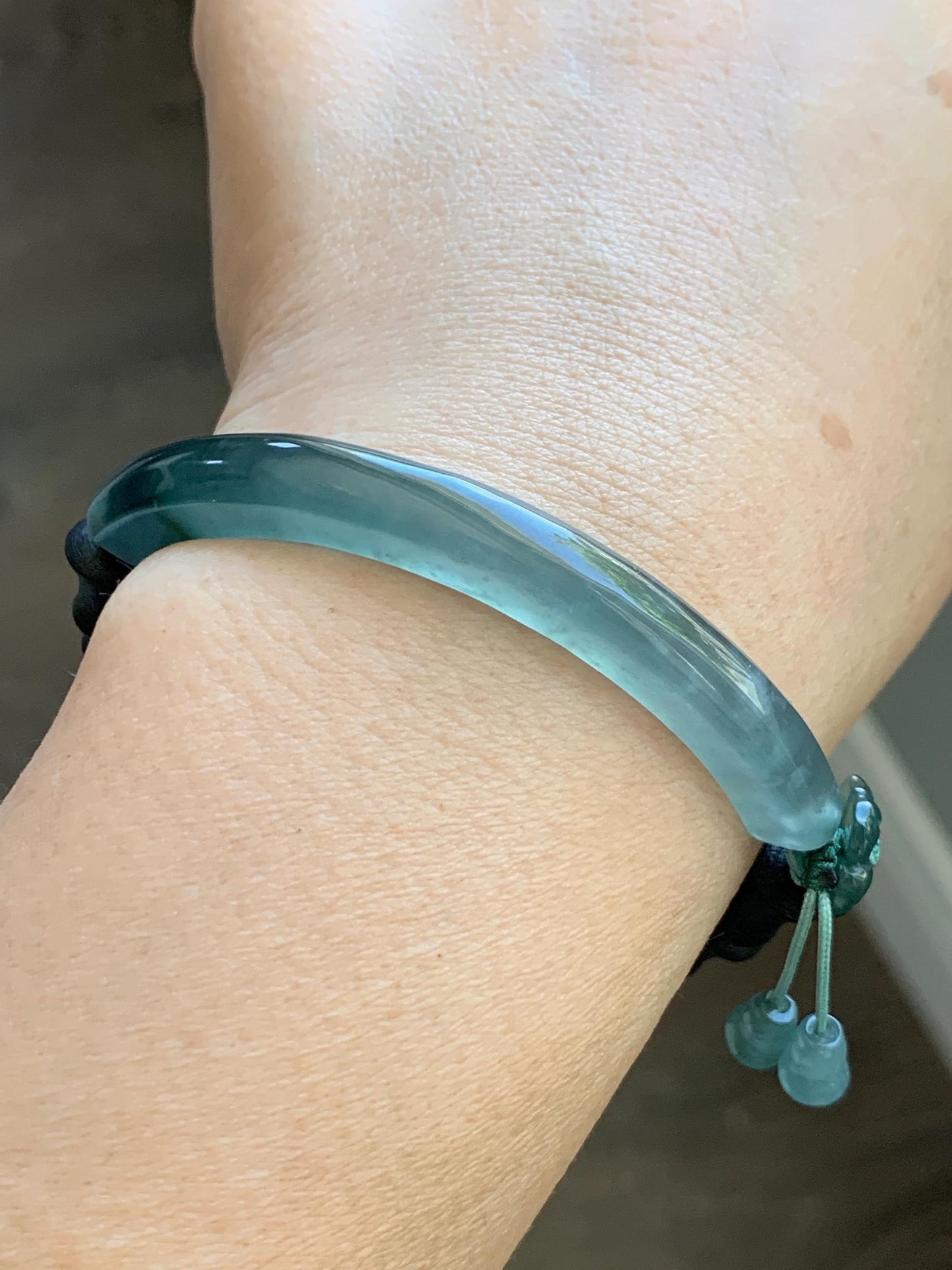 Natural Guatemalan Grade A Icy Translucent Teal Green Jade Jadeite Cuff Bamboo Wood Beads Beaded Bracelet 6.75” 14g 天然冰胶危蓝绿翡翠手牌木珠手链 WZM174