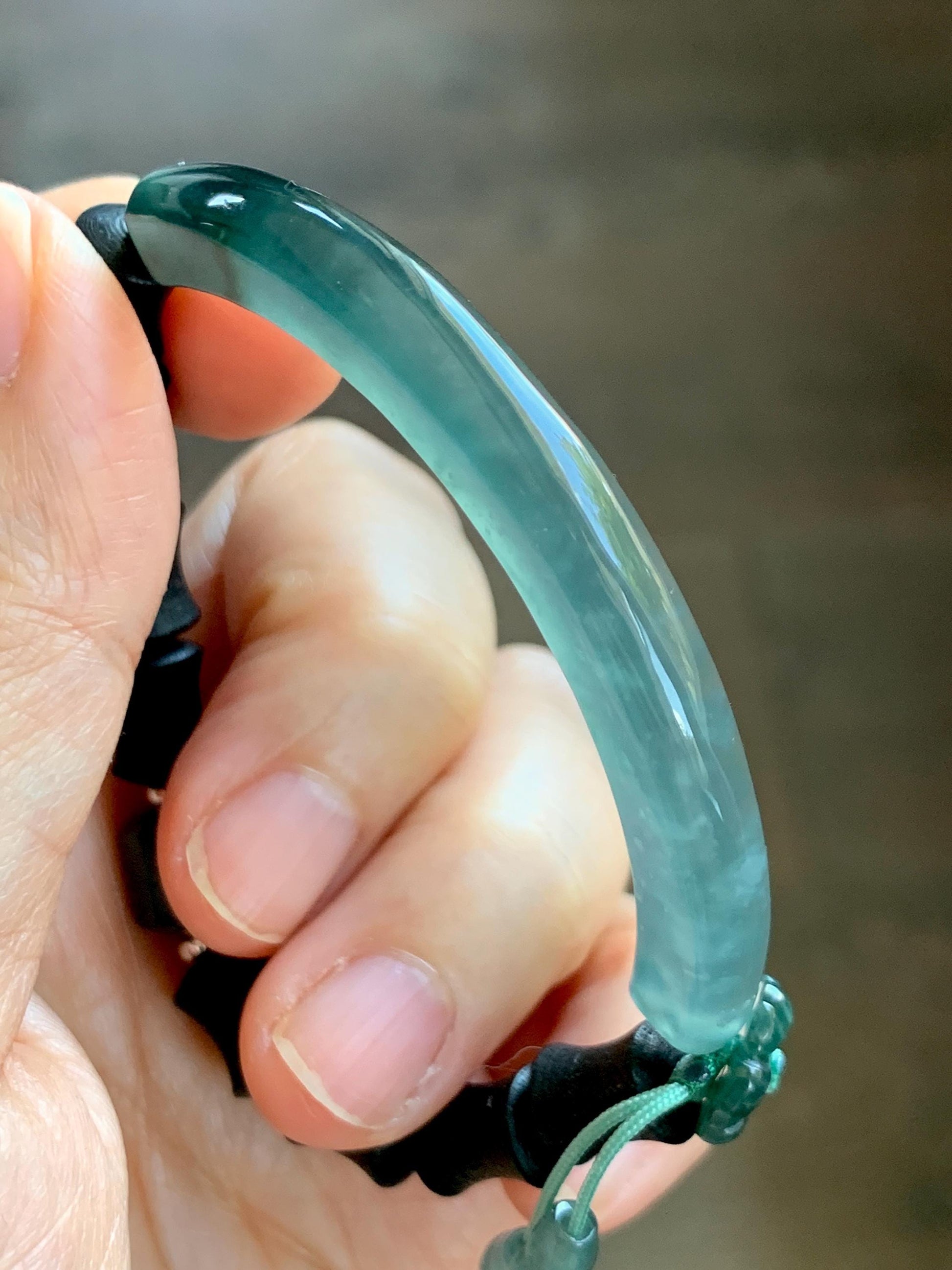 Natural Guatemalan Grade A Icy Translucent Teal Green Jade Jadeite Cuff Bamboo Wood Beads Beaded Bracelet 6.75” 14g 天然冰胶危蓝绿翡翠手牌木珠手链 WZM174
