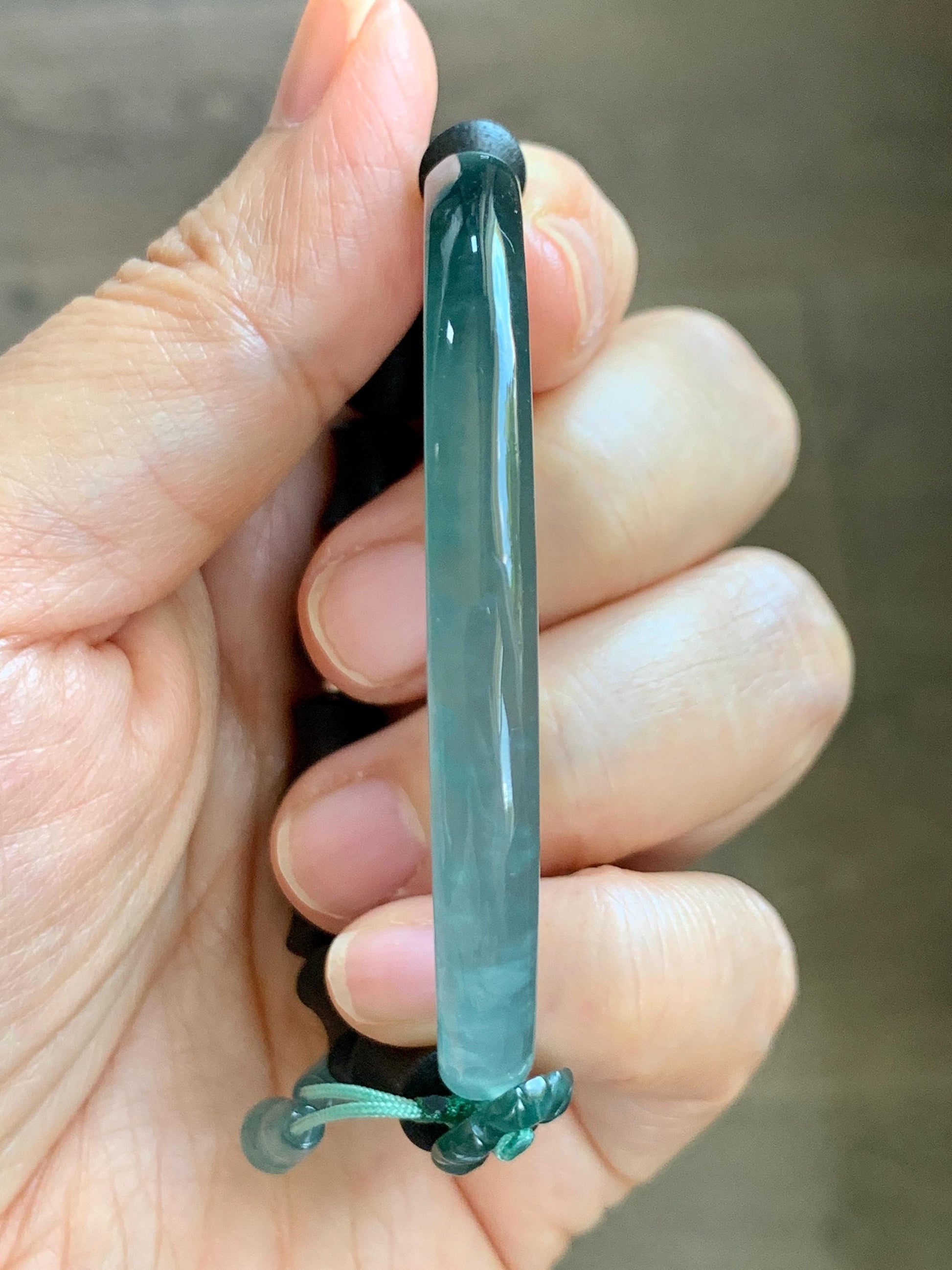 Natural Guatemalan Grade A Icy Translucent Teal Green Jade Jadeite Cuff Bamboo Wood Beads Beaded Bracelet 6.75” 14g 天然冰胶危蓝绿翡翠手牌木珠手链 WZM174