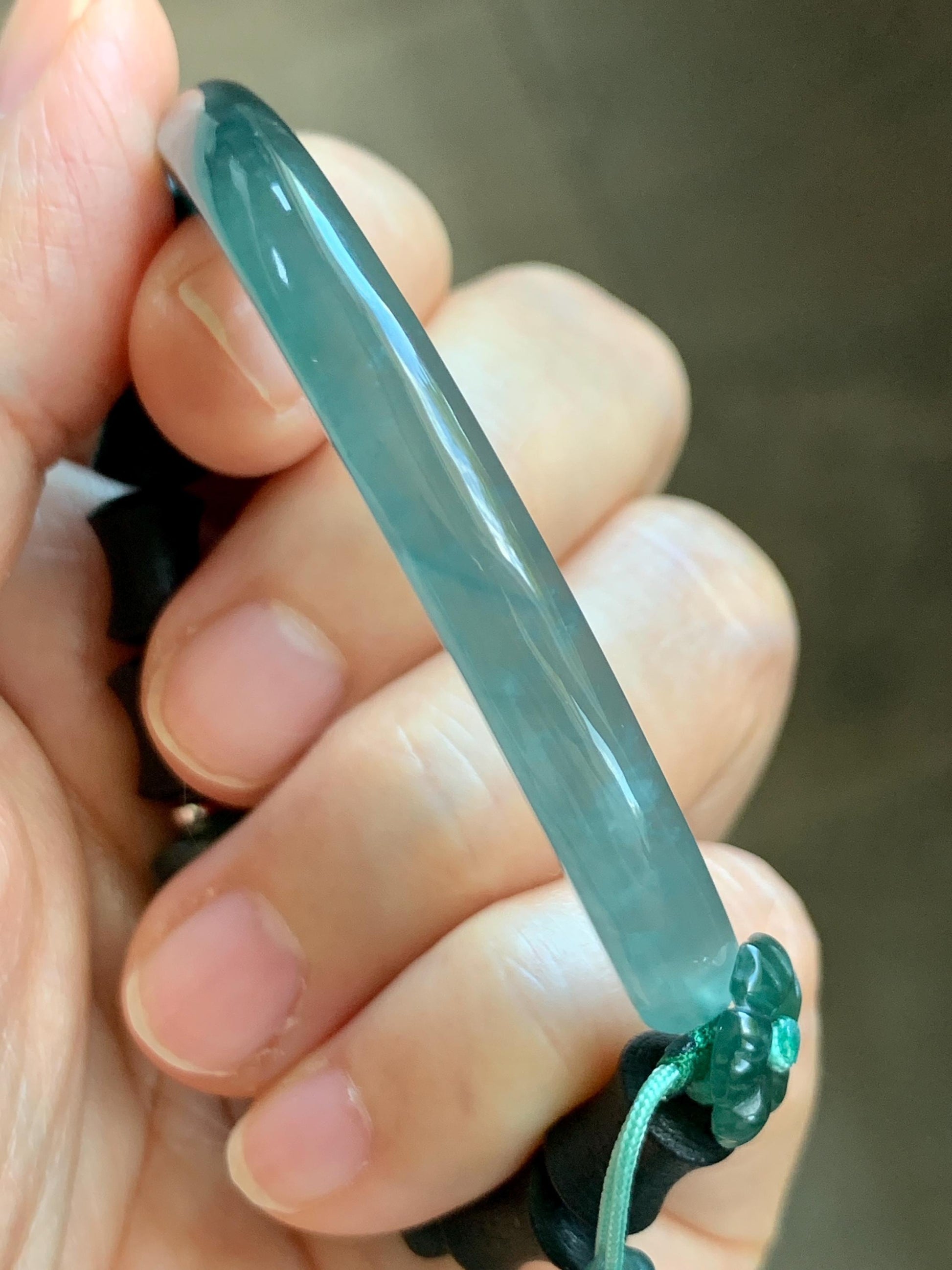 Natural Guatemalan Grade A Icy Translucent Teal Green Jade Jadeite Cuff Bamboo Wood Beads Beaded Bracelet 6.75” 14g 天然冰胶危蓝绿翡翠手牌木珠手链 WZM174