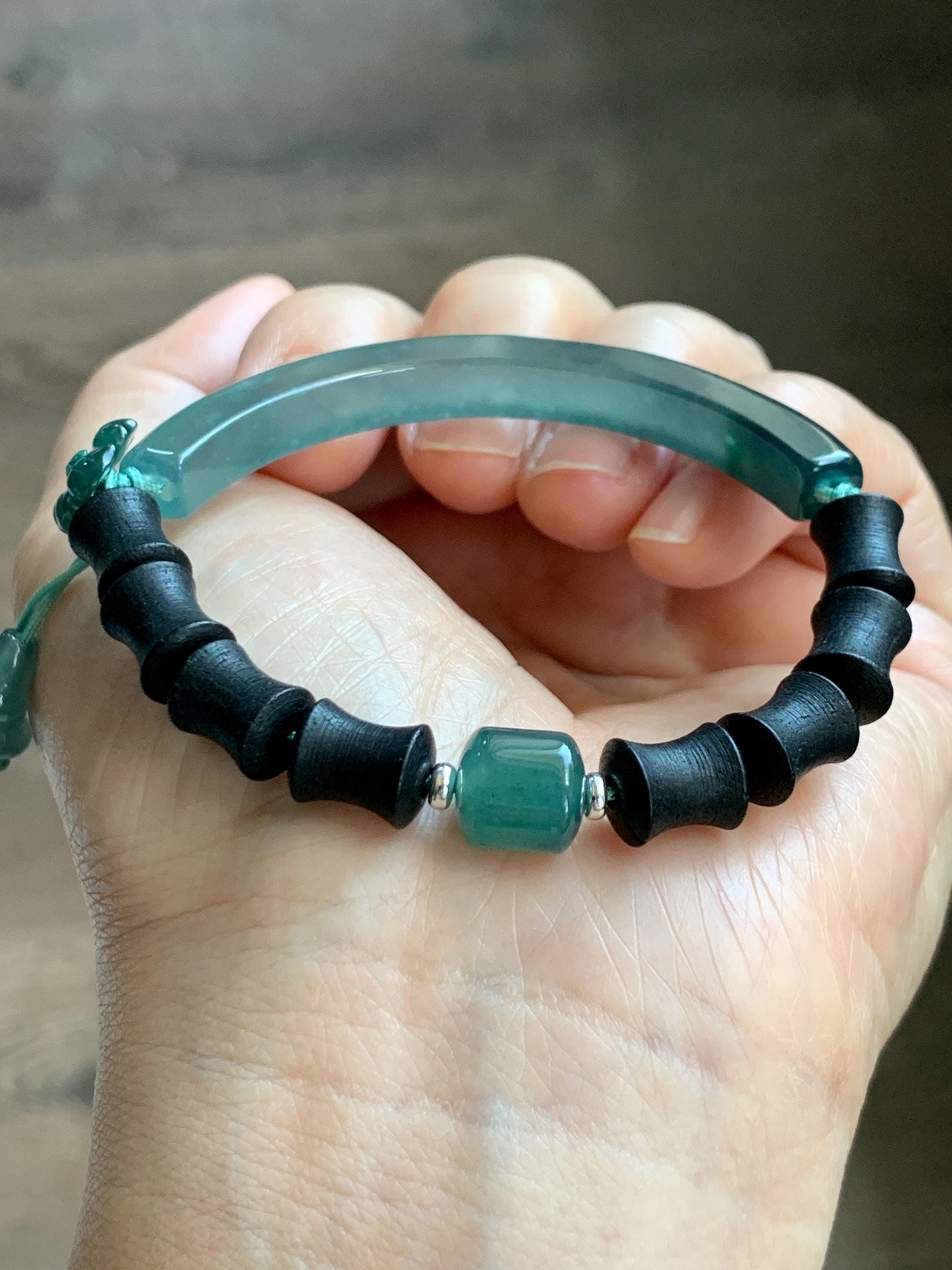 Natural Guatemalan Grade A Icy Translucent Teal Green Jade Jadeite Cuff Bamboo Wood Beads Beaded Bracelet 6.75” 14g 天然冰胶危蓝绿翡翠手牌木珠手链 WZM174