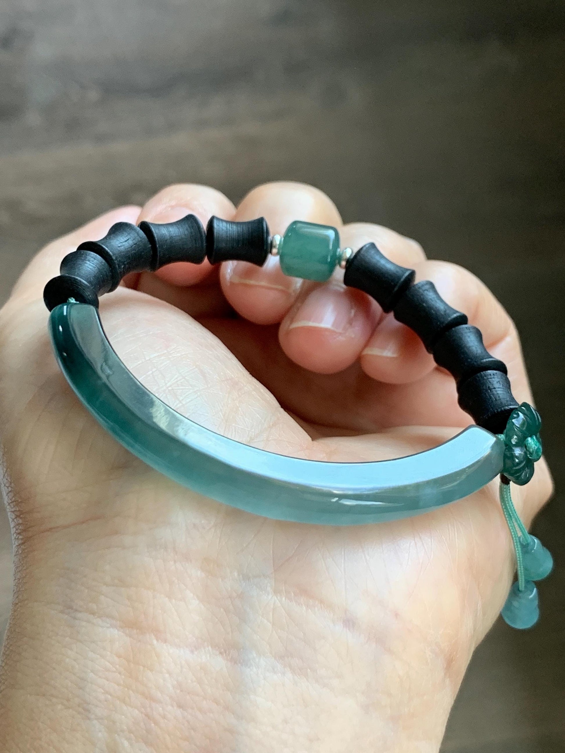 Natural Guatemalan Grade A Icy Translucent Teal Green Jade Jadeite Cuff Bamboo Wood Beads Beaded Bracelet 6.75” 14g 天然冰胶危蓝绿翡翠手牌木珠手链 WZM174