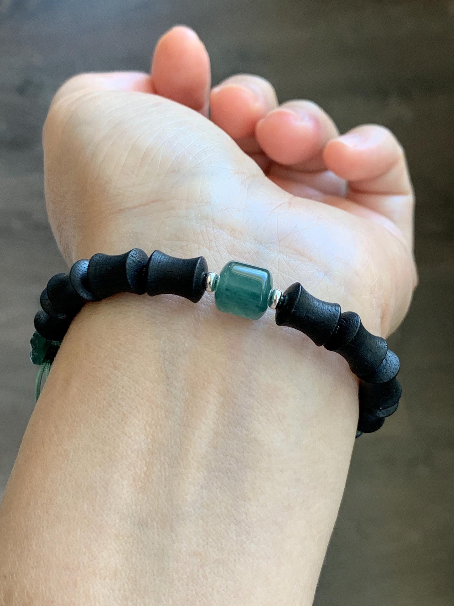 Natural Guatemalan Grade A Icy Translucent Teal Green Jade Jadeite Cuff Bamboo Wood Beads Beaded Bracelet 6.75” 14g 天然冰胶危蓝绿翡翠手牌木珠手链 WZM174