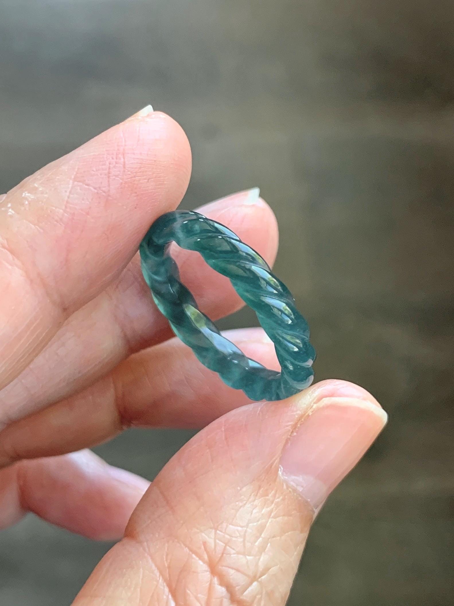 Natural Grade A Guatemalan Icy Highly Translucent Dark Teal Blue Jade Jadeite Carved Braid Band Ring Size 8.5 US 天然冰胶危蓝水翡翠麻花戒圈 WMH350C