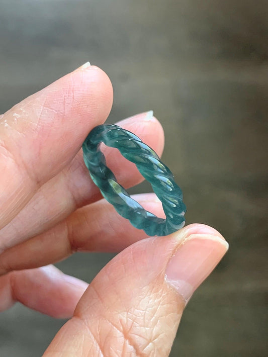 Natural Grade A Guatemalan Icy Highly Translucent Dark Teal Blue Jade Jadeite Carved Braid Band Ring Size 8.5 US 天然冰胶危蓝水翡翠麻花戒圈 WMH350C