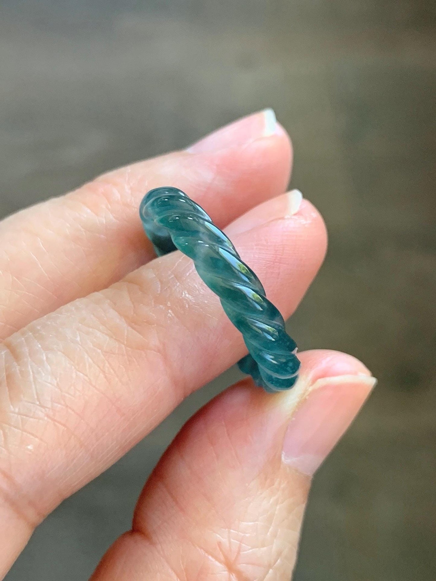 Natural Grade A Guatemalan Icy Highly Translucent Dark Teal Blue Jade Jadeite Carved Braid Band Ring Size 8.5 US 天然冰胶危蓝水翡翠麻花戒圈 WMH350C