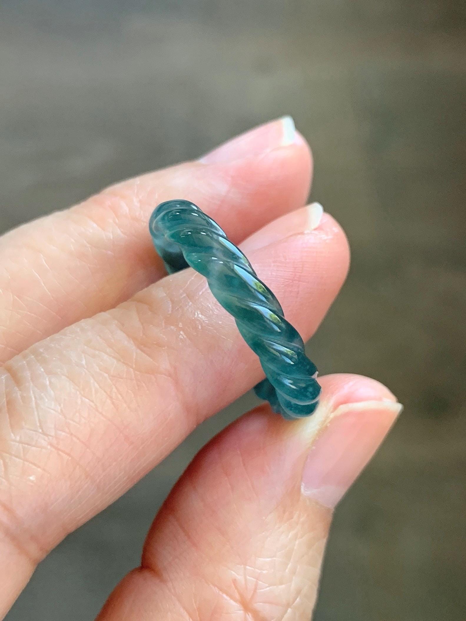 Natural Grade A Guatemalan Icy Highly Translucent Dark Teal Blue Jade Jadeite Carved Braid Band Ring Size 8.5 US 天然冰胶危蓝水翡翠麻花戒圈 WMH350C