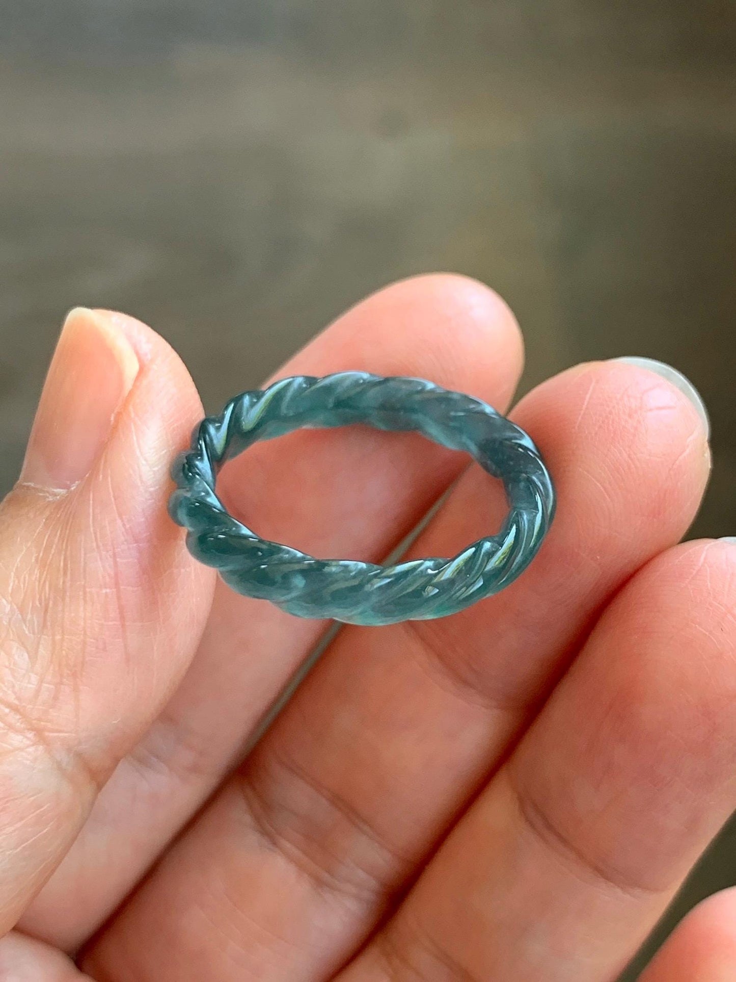 Natural Grade A Guatemalan Icy Highly Translucent Dark Teal Blue Jade Jadeite Carved Braid Band Ring Size 8.5 US 天然冰胶危蓝水翡翠麻花戒圈 WMH350C