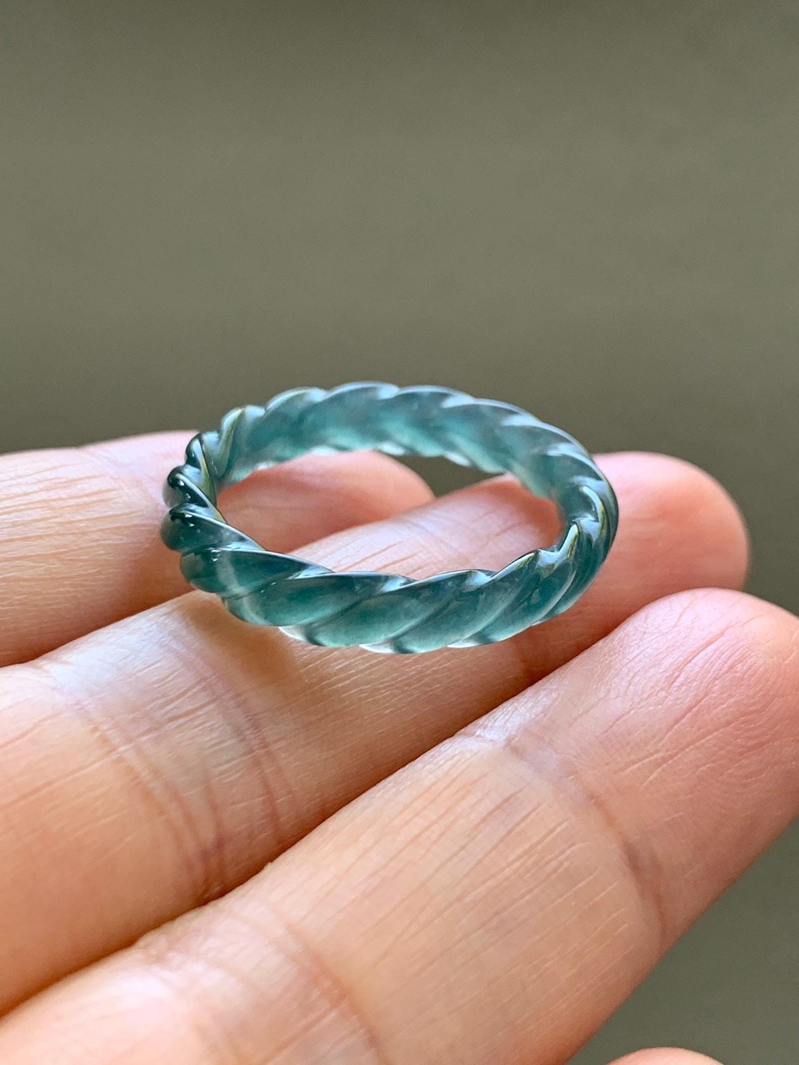 Natural Grade A Guatemalan Icy Highly Translucent Dark Teal Blue Jade Jadeite Carved Braid Band Ring Size 8.5 US 天然冰胶危蓝水翡翠麻花戒圈 WMH350C