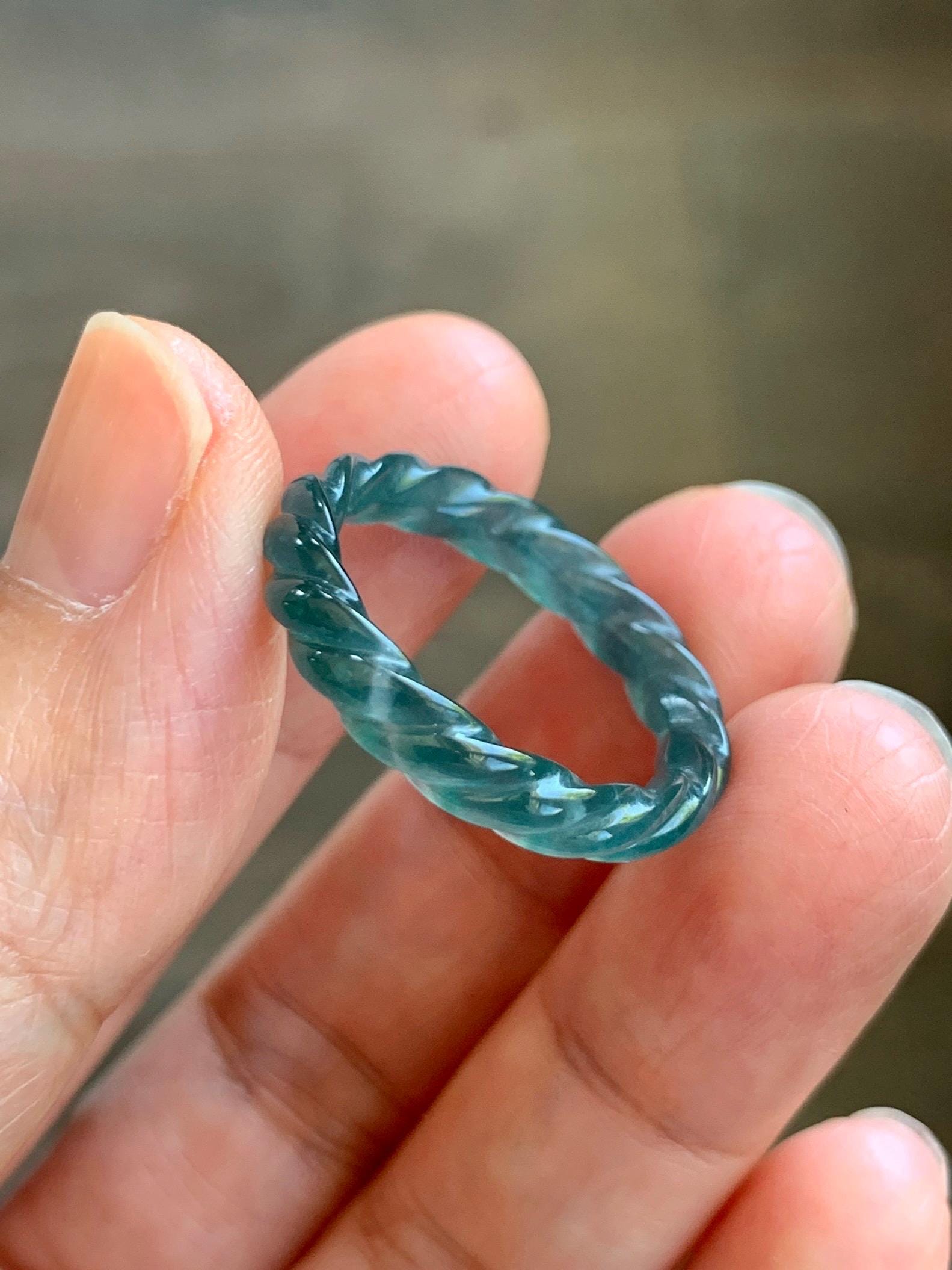 Natural Grade A Guatemalan Icy Highly Translucent Dark Teal Blue Jade Jadeite Carved Braid Band Ring Size 8.5 US 天然冰胶危蓝水翡翠麻花戒圈 WMH350C