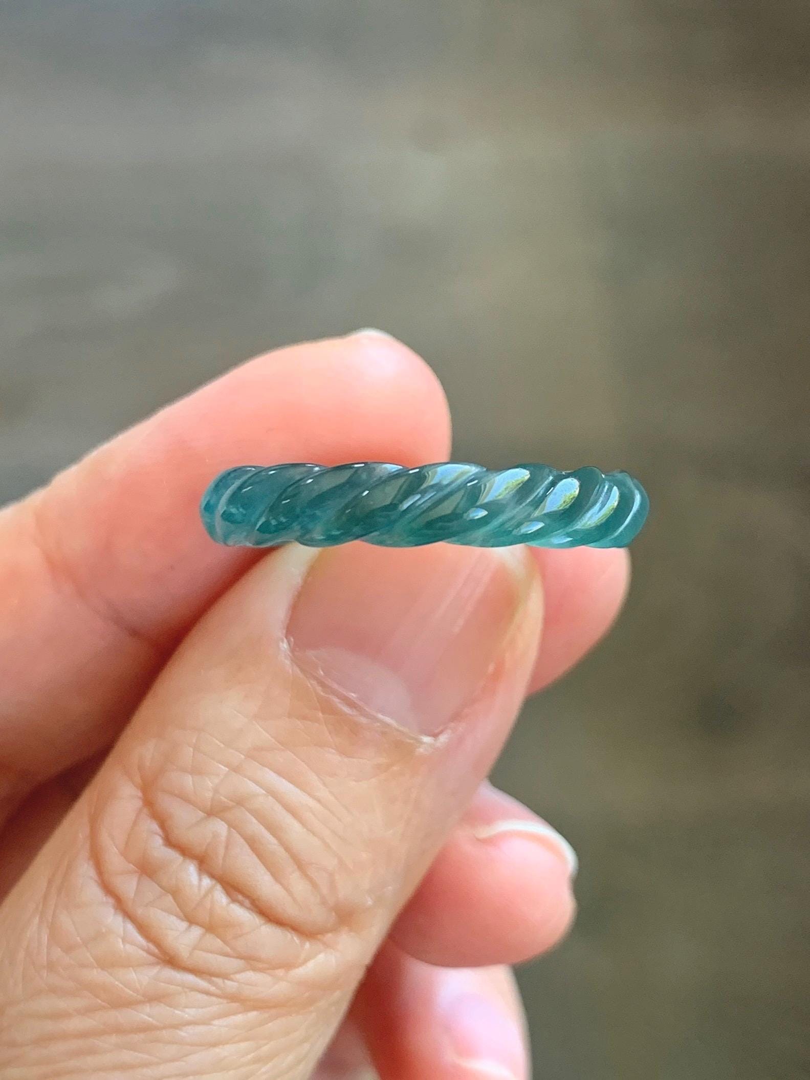 Natural Grade A Guatemalan Icy Highly Translucent Dark Teal Blue Jade Jadeite Carved Braid Band Ring Size 8.5 US 天然冰胶危蓝水翡翠麻花戒圈 WMH350C