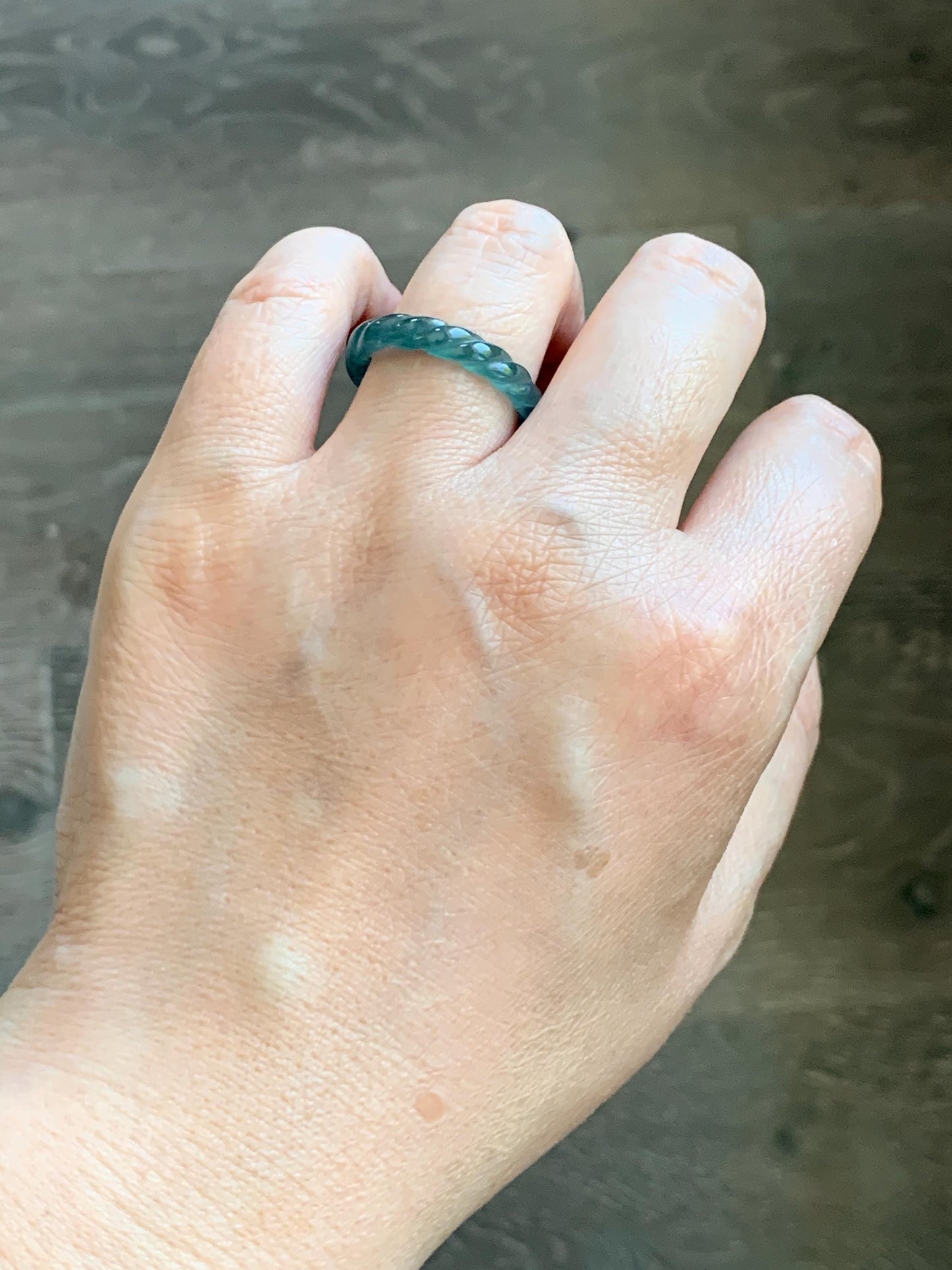 Natural Grade A Guatemalan Icy Highly Translucent Dark Teal Blue Jade Jadeite Carved Braid Band Ring Size 8.5 US 天然冰胶危蓝水翡翠麻花戒圈 WMH350C