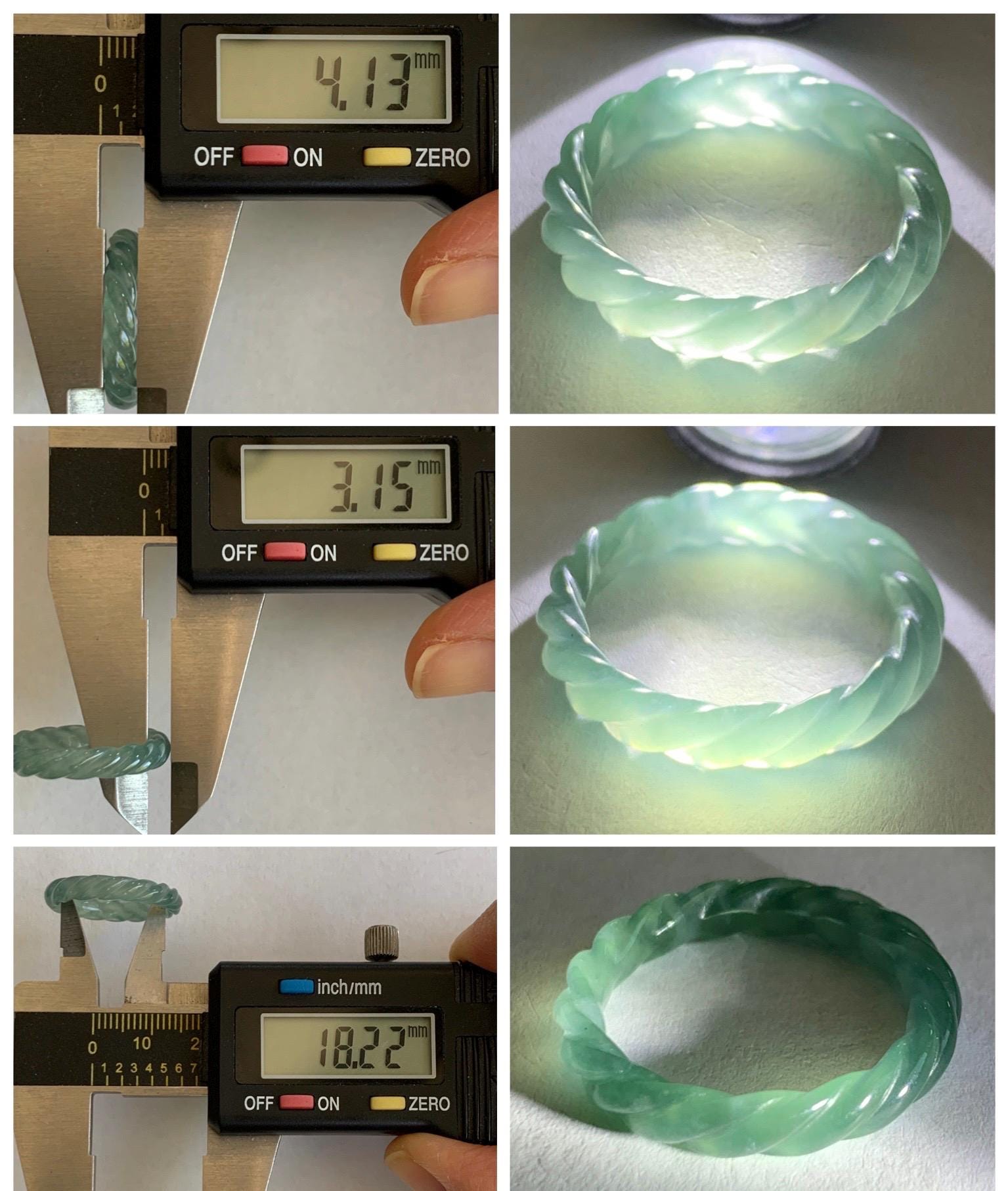 Natural Grade A Guatemalan Icy Highly Translucent Light Dusty Teal Jade Jadeite Carved Braid Band Ring Size 7.5 US 天然冰胶危浅蓝翡翠麻花戒圈 WMH350B