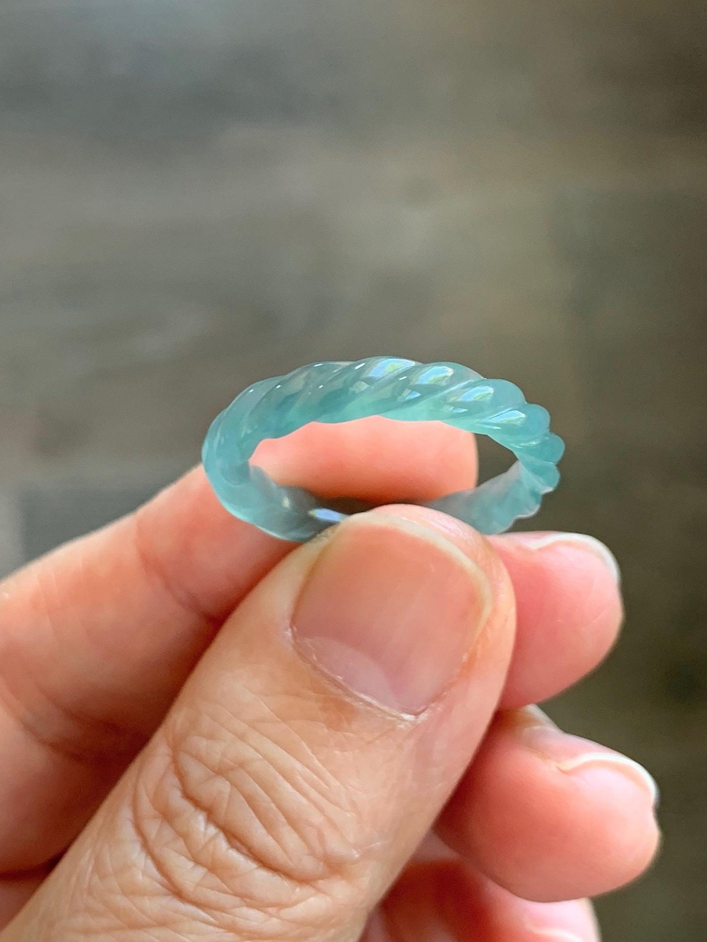 Natural Grade A Guatemalan Icy Highly Translucent Light Dusty Teal Jade Jadeite Carved Braid Band Ring Size 7.5 US 天然冰胶危浅蓝翡翠麻花戒圈 WMH350B