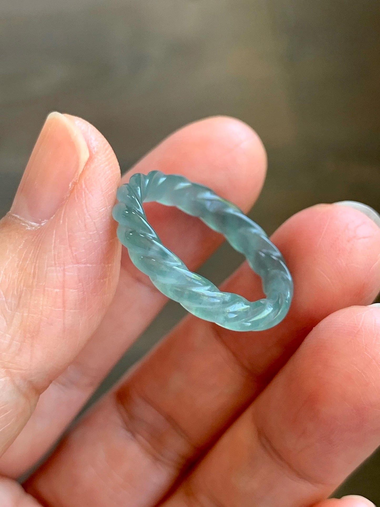 Natural Grade A Guatemalan Icy Highly Translucent Light Dusty Teal Jade Jadeite Carved Braid Band Ring Size 7.5 US 天然冰胶危浅蓝翡翠麻花戒圈 WMH350B