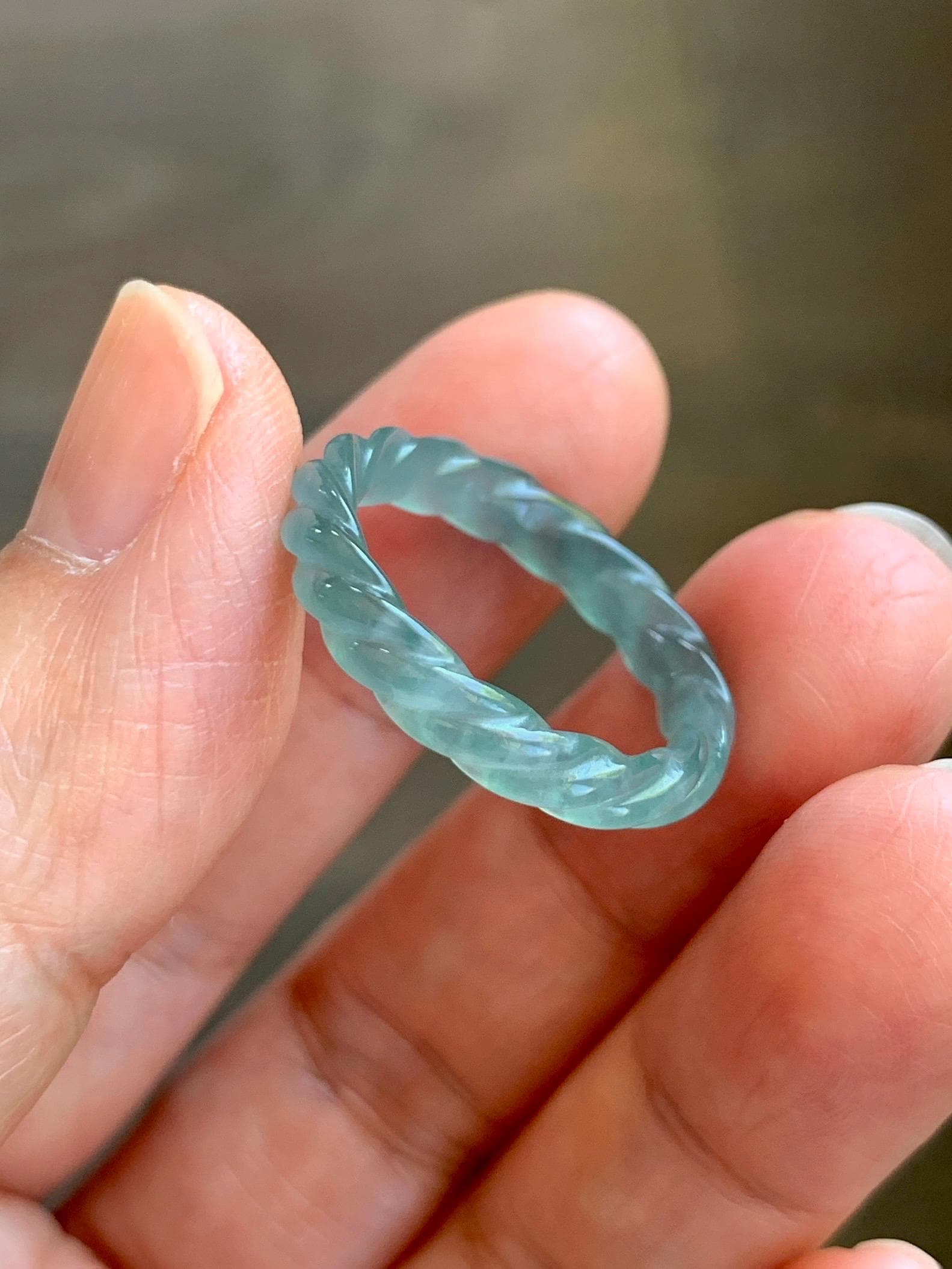 Natural Grade A Guatemalan Icy Highly Translucent Light Dusty Teal Jade Jadeite Carved Braid Band Ring Size 7.5 US 天然冰胶危浅蓝翡翠麻花戒圈 WMH350B