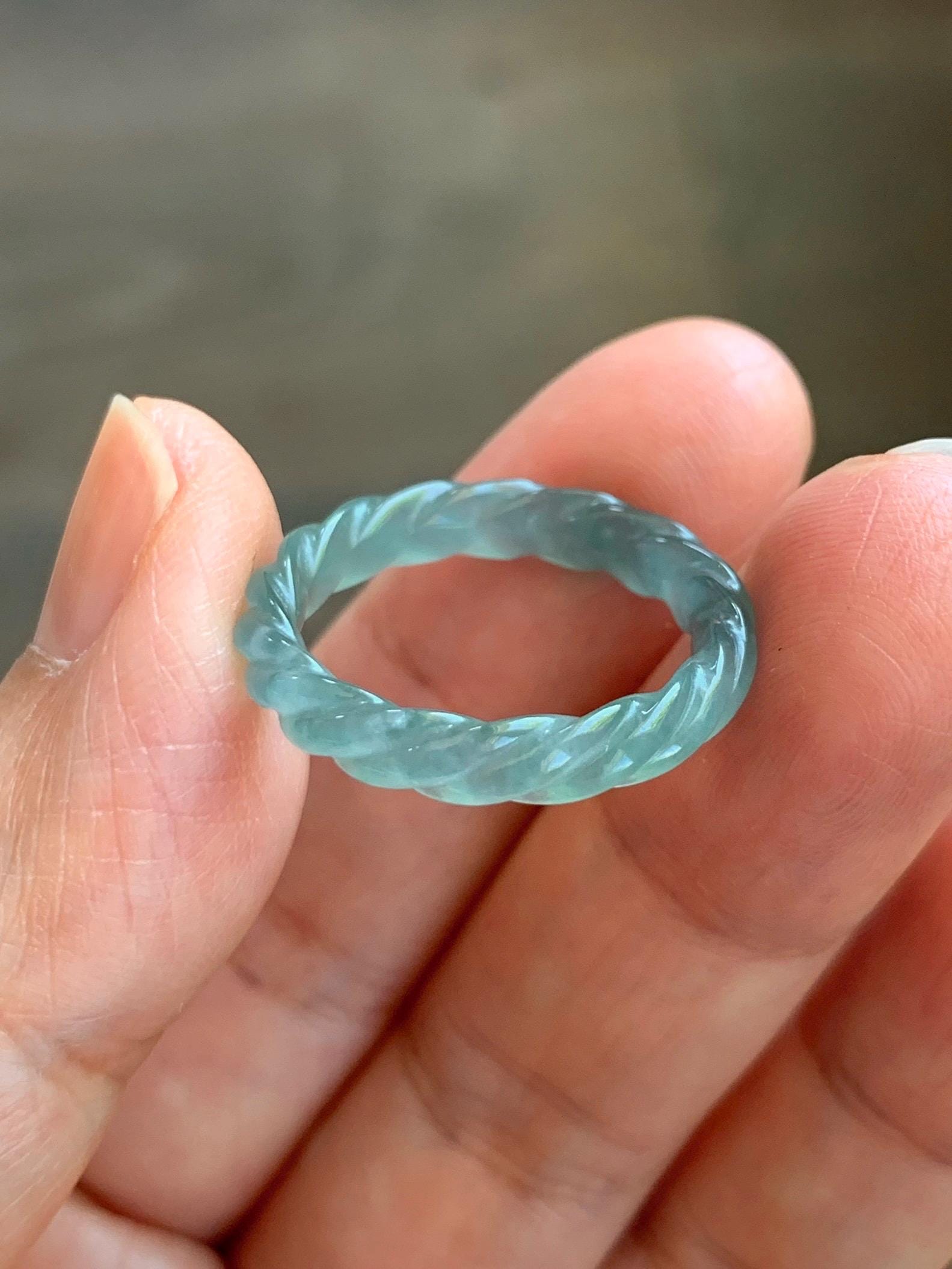 Natural Grade A Guatemalan Icy Highly Translucent Light Dusty Teal Jade Jadeite Carved Braid Band Ring Size 7.5 US 天然冰胶危浅蓝翡翠麻花戒圈 WMH350B