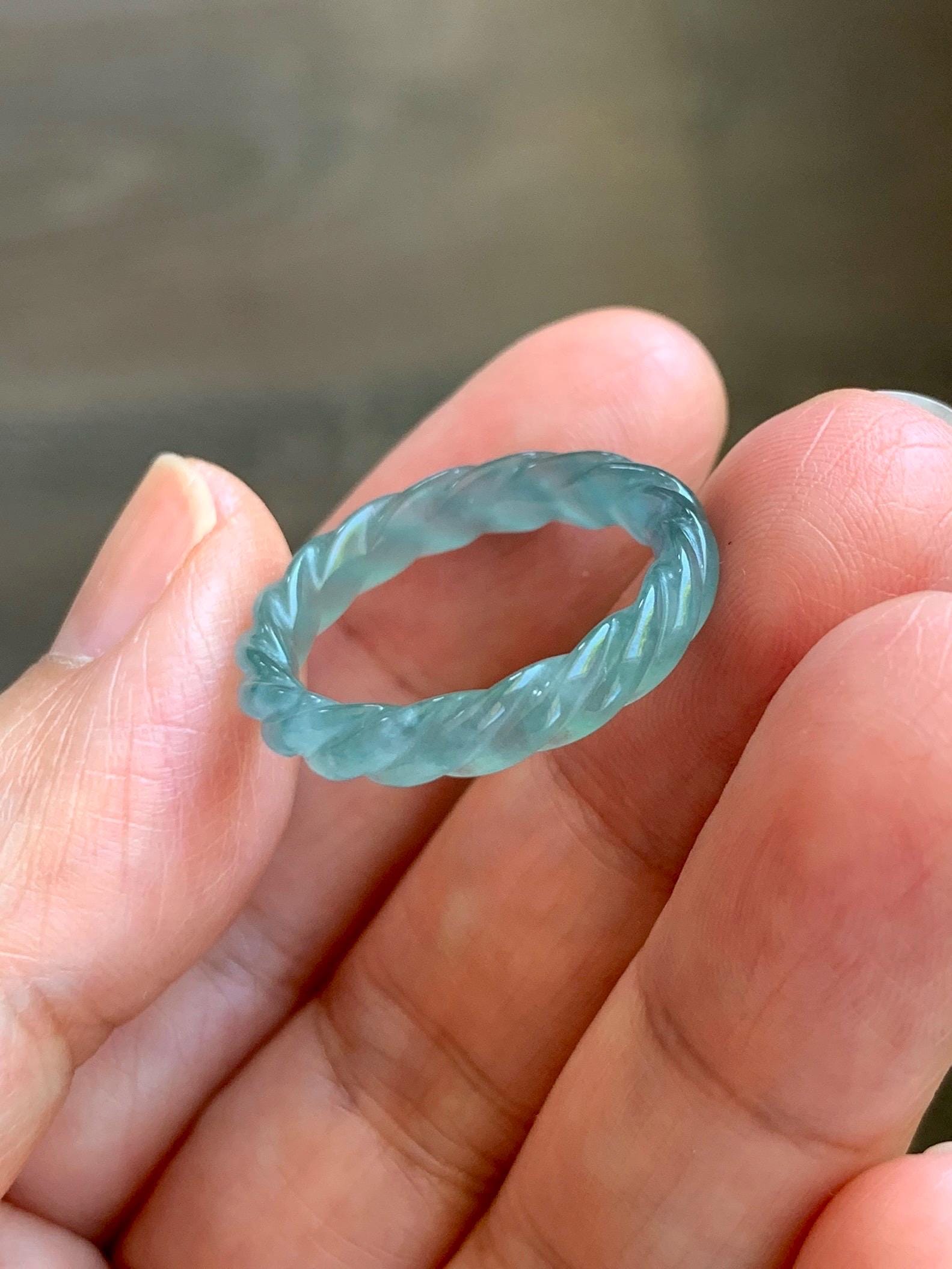 Natural Grade A Guatemalan Icy Highly Translucent Light Dusty Teal Jade Jadeite Carved Braid Band Ring Size 7.5 US 天然冰胶危浅蓝翡翠麻花戒圈 WMH350B