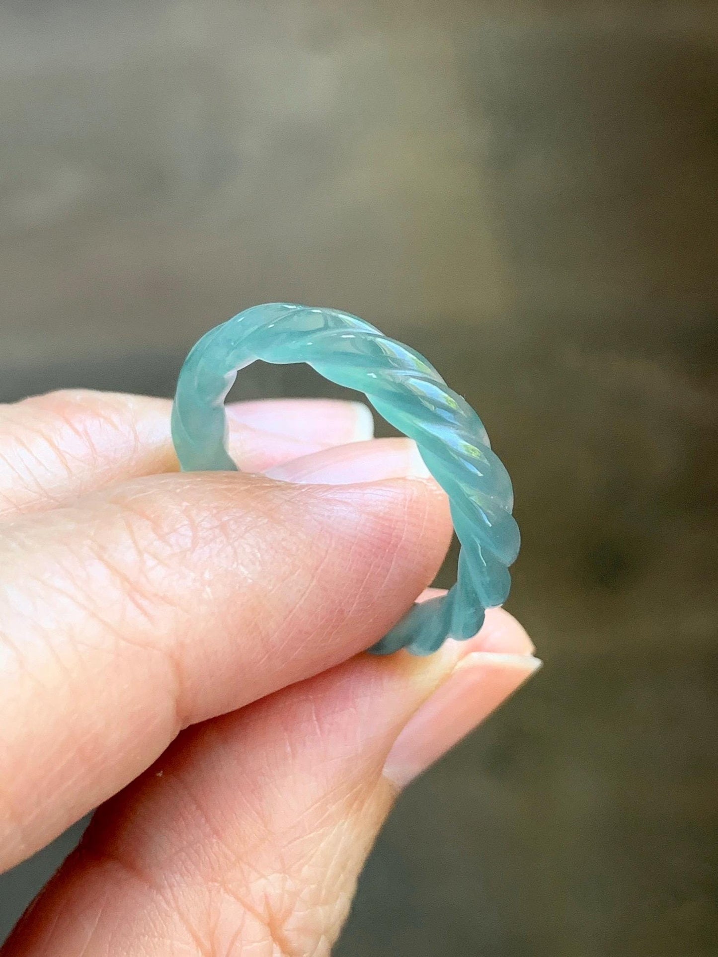 Natural Grade A Guatemalan Icy Highly Translucent Light Dusty Teal Jade Jadeite Carved Braid Band Ring Size 7.5 US 天然冰胶危浅蓝翡翠麻花戒圈 WMH350B