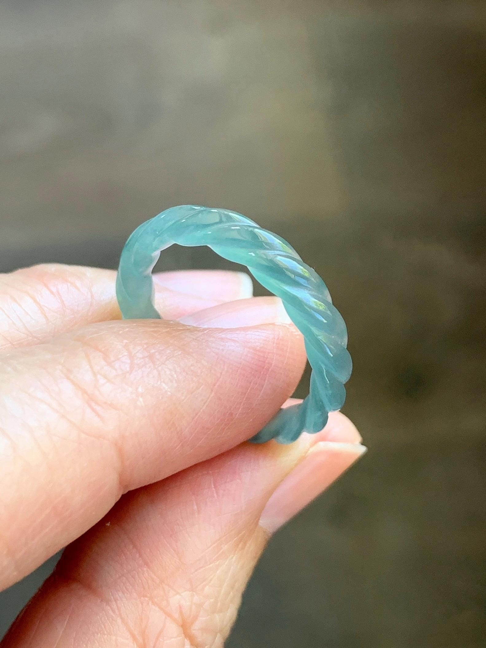 Natural Grade A Guatemalan Icy Highly Translucent Light Dusty Teal Jade Jadeite Carved Braid Band Ring Size 7.5 US 天然冰胶危浅蓝翡翠麻花戒圈 WMH350B