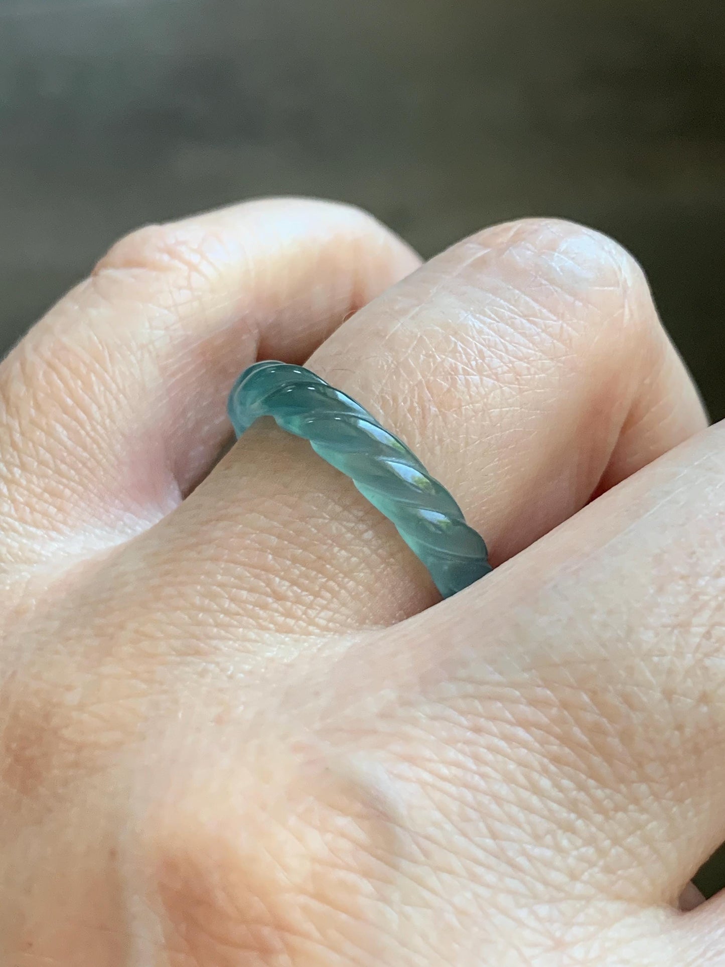 Natural Grade A Guatemalan Icy Highly Translucent Light Dusty Teal Jade Jadeite Carved Braid Band Ring Size 7.5 US 天然冰胶危浅蓝翡翠麻花戒圈 WMH350B