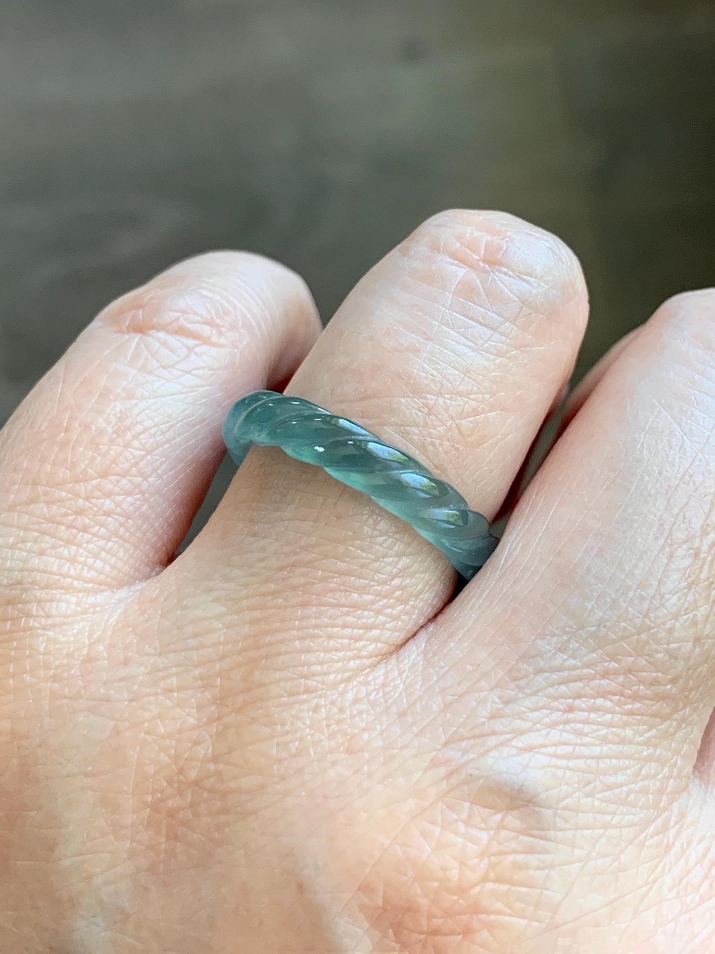 Natural Grade A Guatemalan Icy Highly Translucent Light Dusty Teal Jade Jadeite Carved Braid Band Ring Size 7.5 US 天然冰胶危浅蓝翡翠麻花戒圈 WMH350B