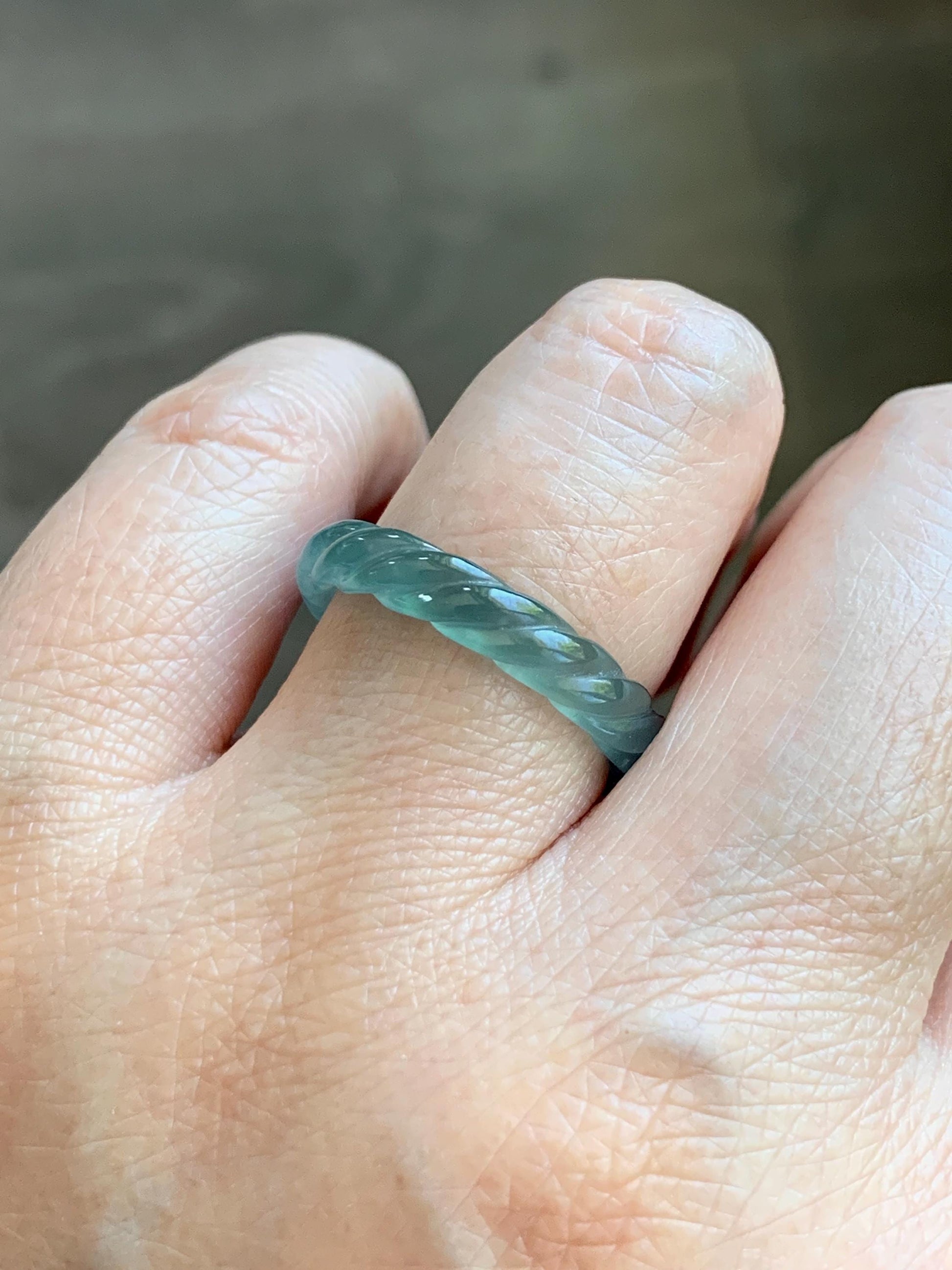 Natural Grade A Guatemalan Icy Highly Translucent Light Dusty Teal Jade Jadeite Carved Braid Band Ring Size 7.5 US 天然冰胶危浅蓝翡翠麻花戒圈 WMH350B