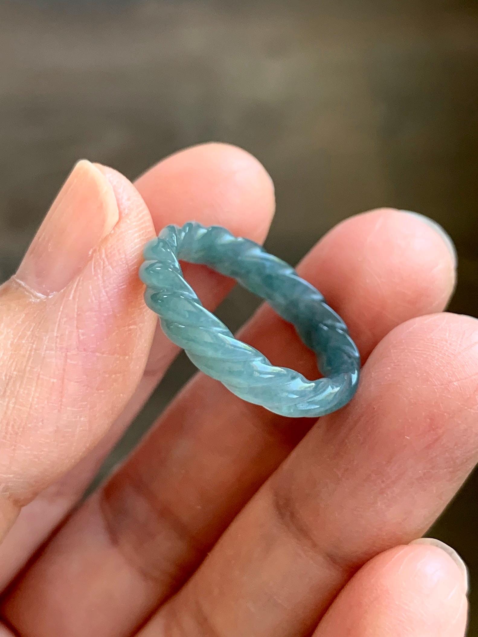 Natural Grade A Guatemalan Icy Translucent Gelatinous Dusty Teal Blue Jade Jadeite Carved Braid Band Ring Size 6.5 US 天然冰胶危蓝水翡翠麻花戒圈 WMH350A