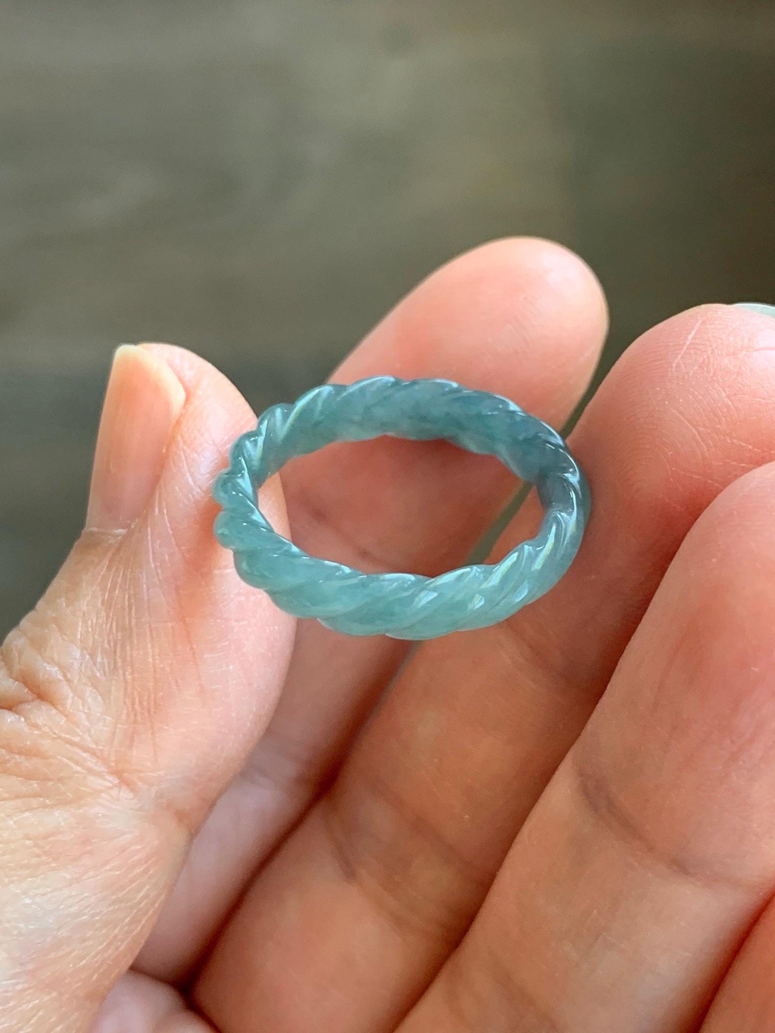 Natural Grade A Guatemalan Icy Translucent Gelatinous Dusty Teal Blue Jade Jadeite Carved Braid Band Ring Size 6.5 US 天然冰胶危蓝水翡翠麻花戒圈 WMH350A