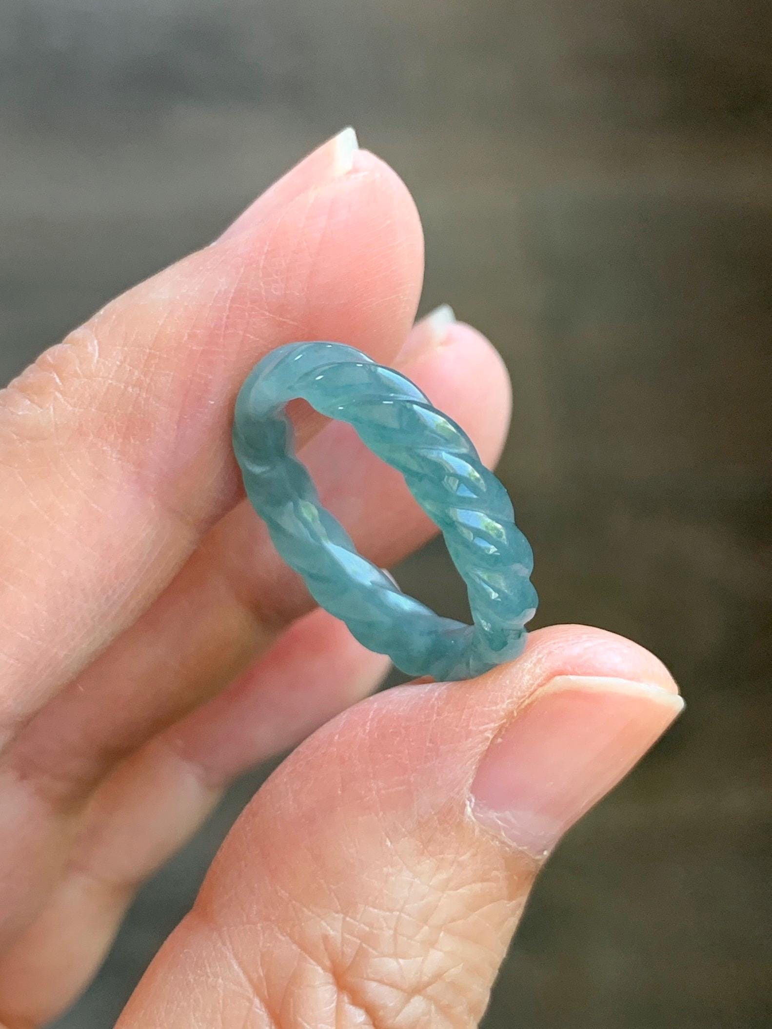 Natural Grade A Guatemalan Icy Translucent Gelatinous Dusty Teal Blue Jade Jadeite Carved Braid Band Ring Size 6.5 US 天然冰胶危蓝水翡翠麻花戒圈 WMH350A